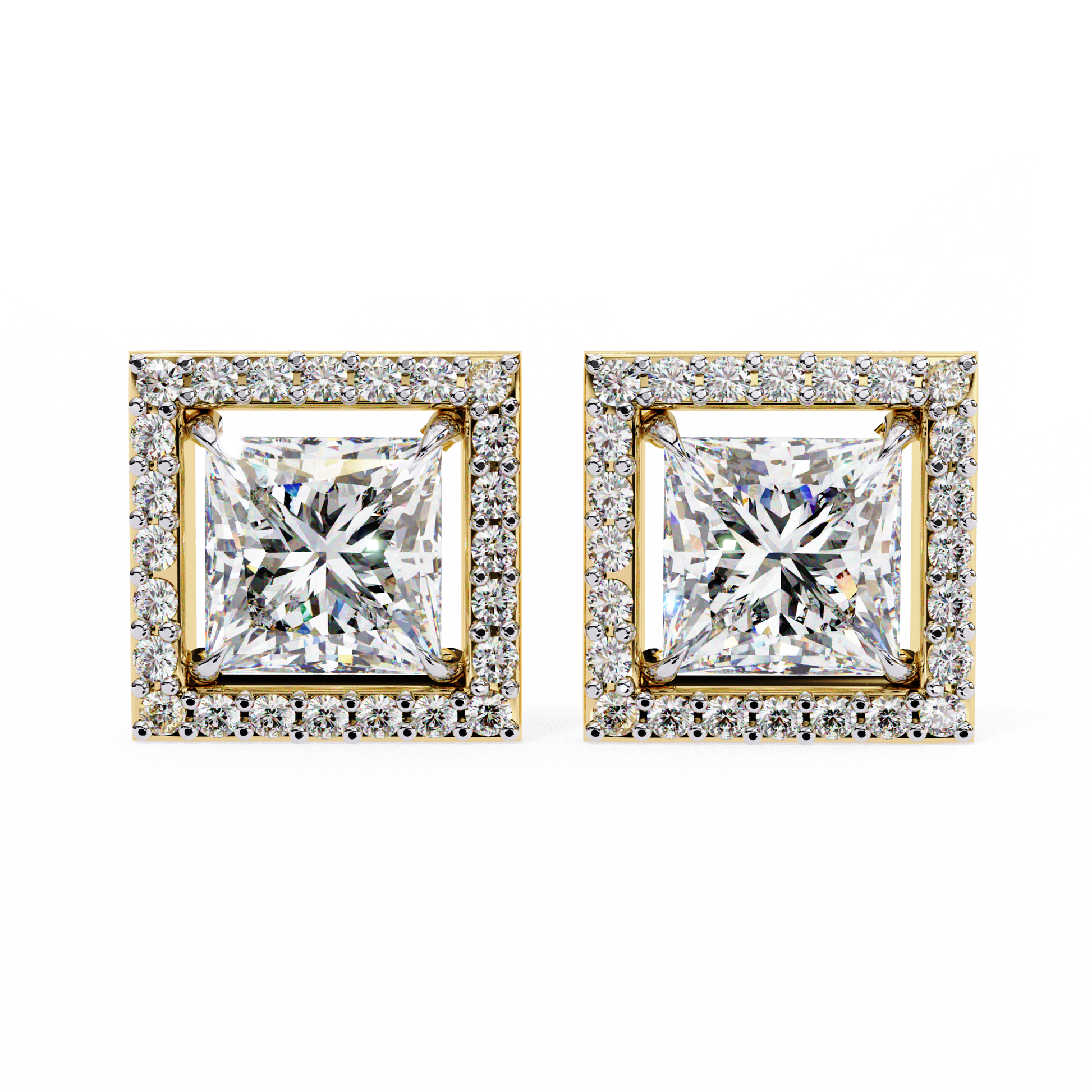 Pair of square-cut diamond earrings with gold frames on a white background