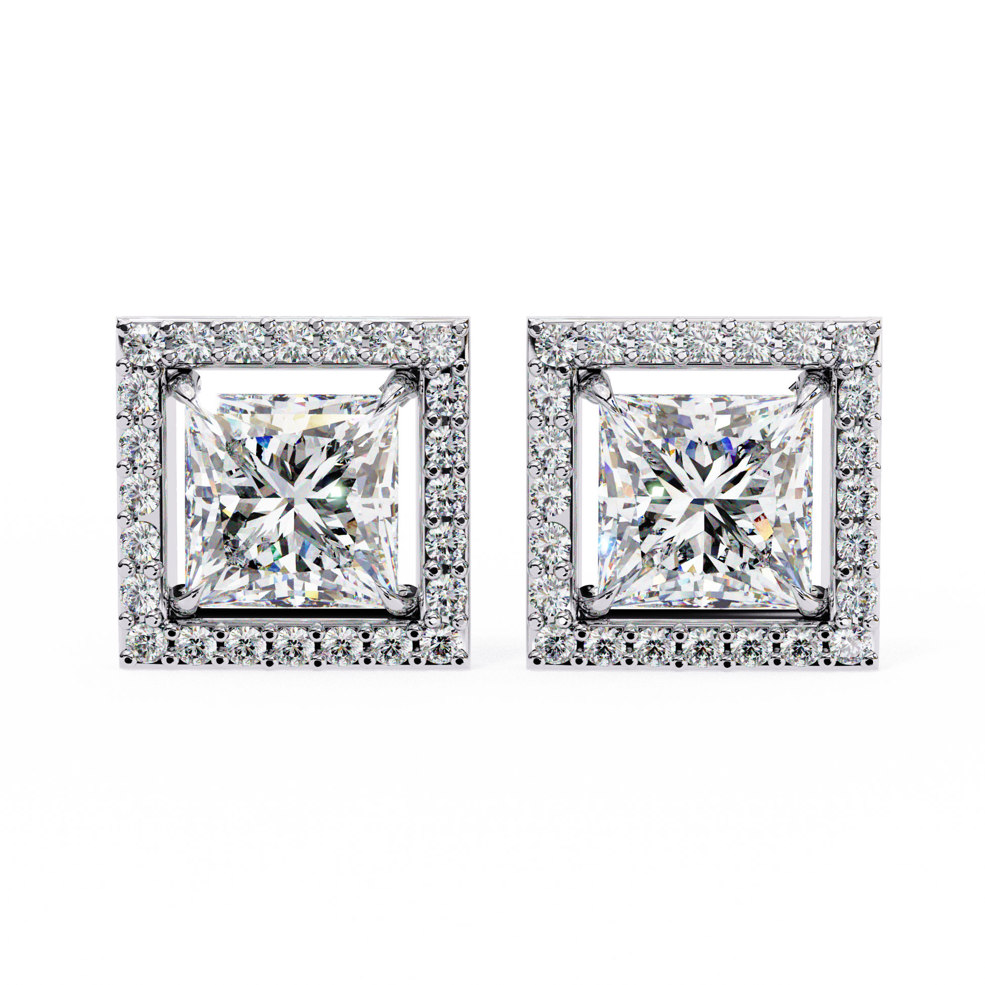 Pair of square-cut diamond earrings with prong setting on a white background