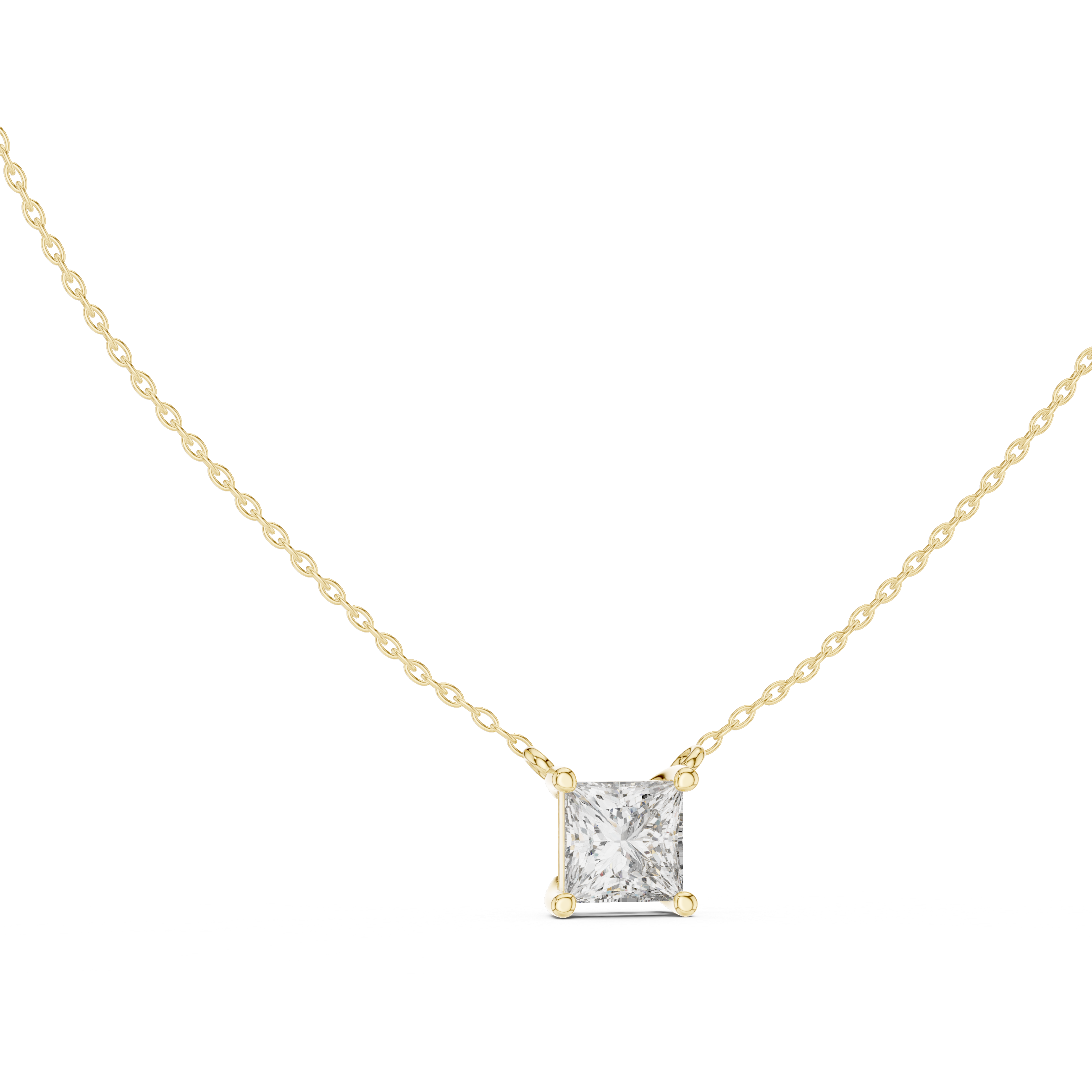 solitaire pendant showcases a spectacular Princess-cut diamond held in a secure four-prong setting