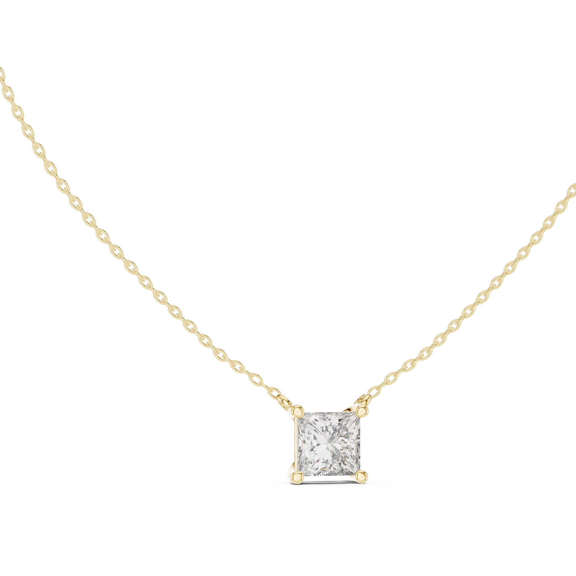 solitaire pendant showcases a spectacular Princess-cut diamond held in a secure four-prong setting