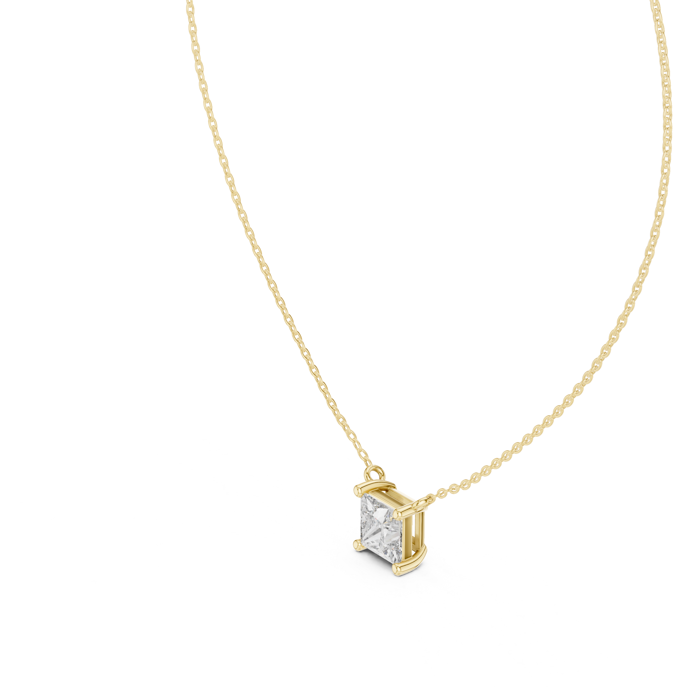 solitaire pendant showcases a spectacular Princess-cut diamond held in a secure four-prong setting