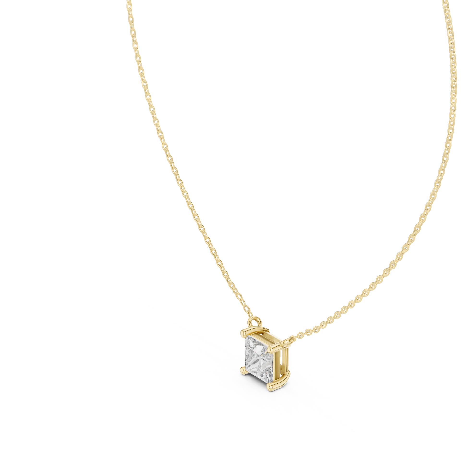 solitaire pendant showcases a spectacular Princess-cut diamond held in a secure four-prong setting