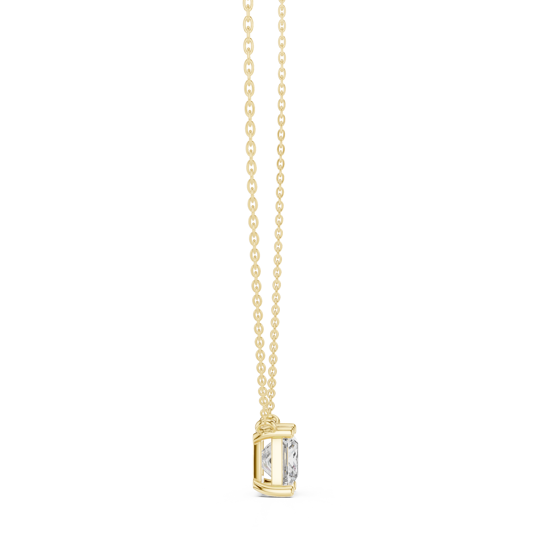 solitaire pendant showcases a spectacular Princess-cut diamond held in a secure four-prong setting
