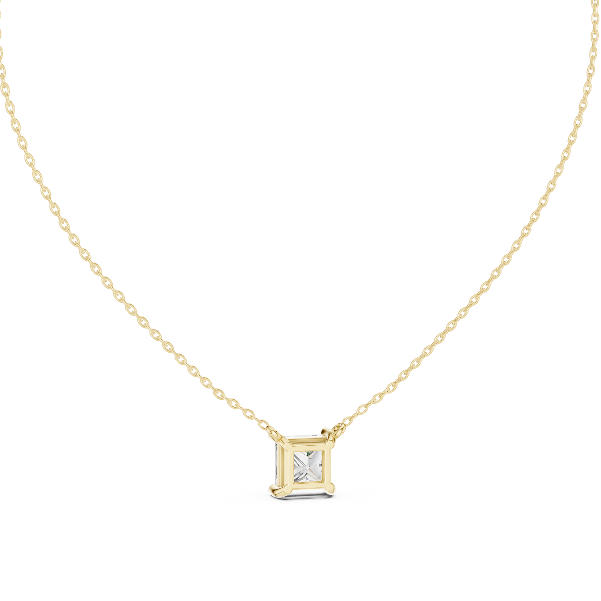 solitaire pendant showcases a spectacular Princess-cut diamond held in a secure four-prong setting
