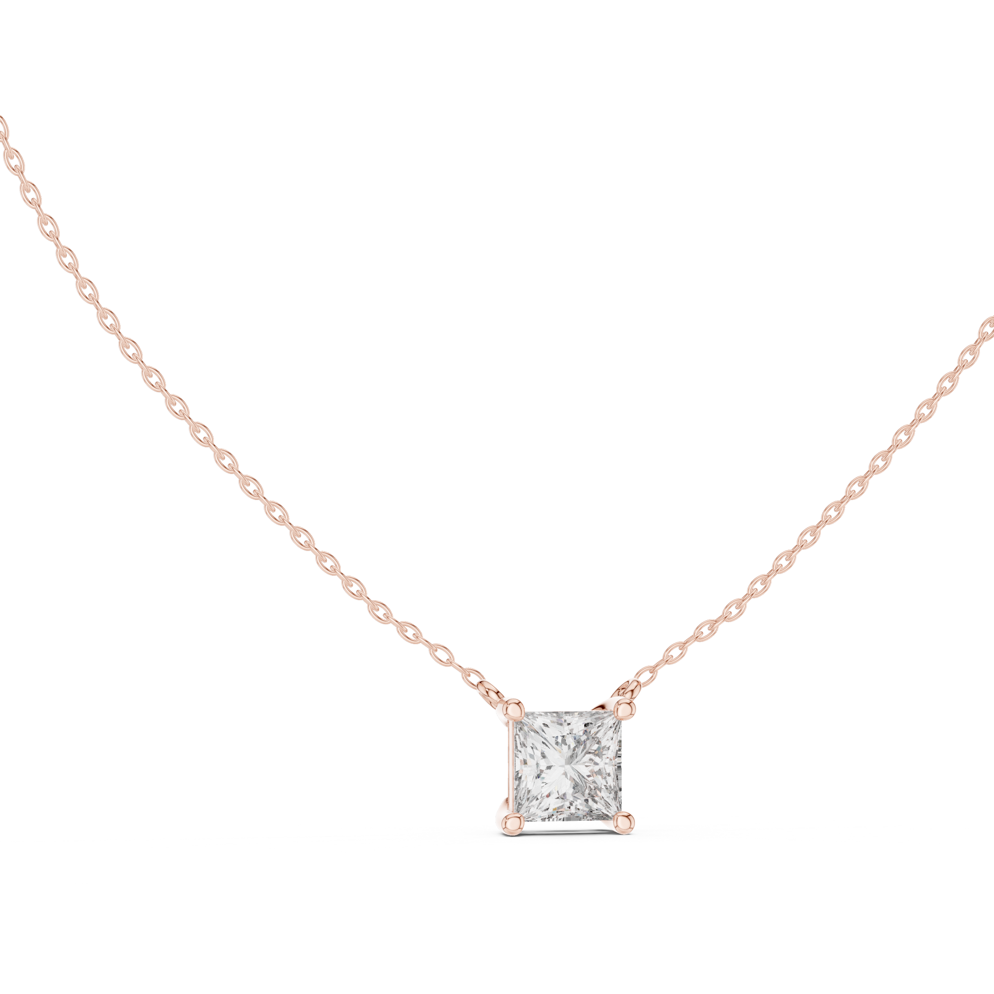 solitaire pendant showcases a spectacular Princess-cut diamond held in a secure four-prong setting