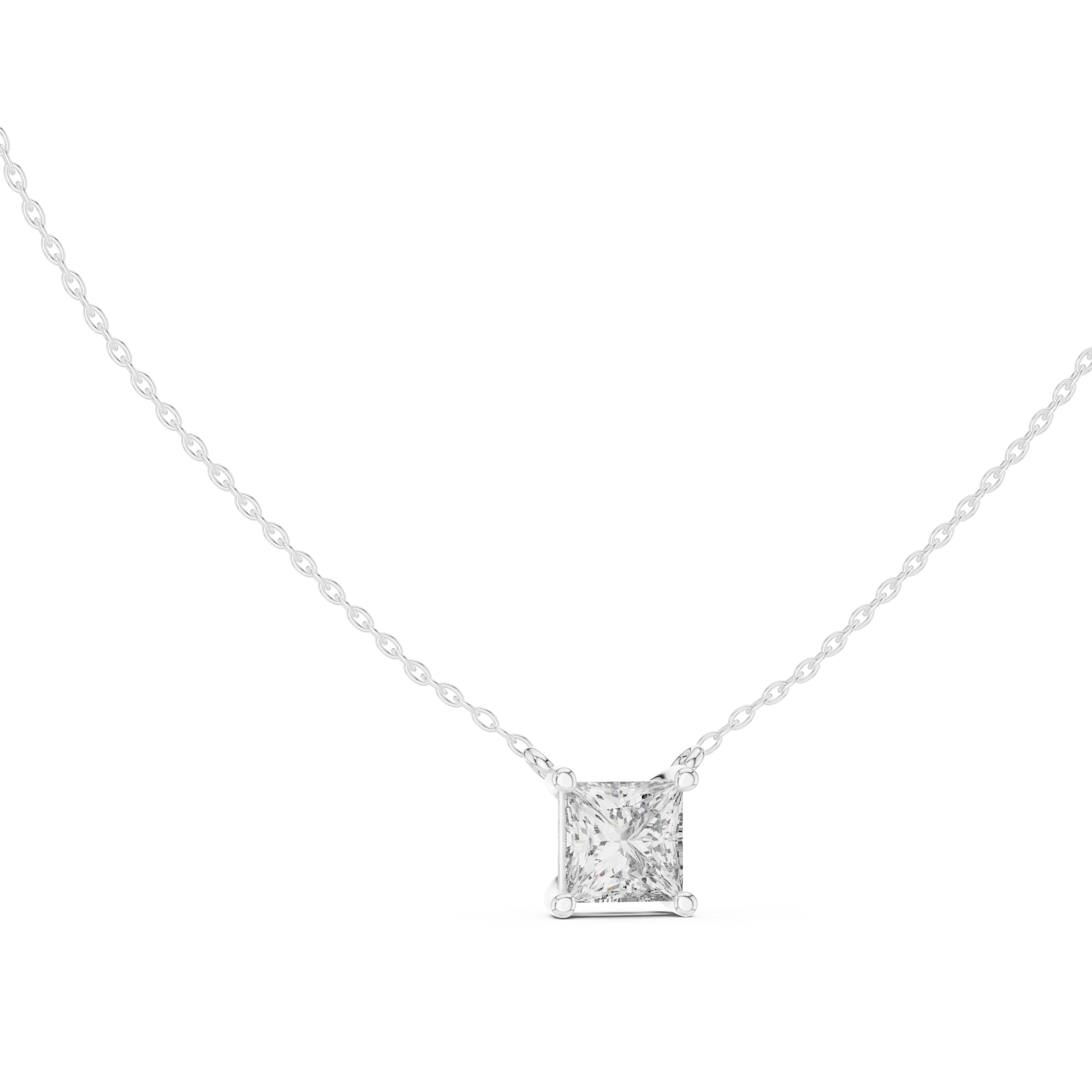 solitaire pendant showcases a spectacular Princess-cut diamond held in a secure four-prong setting