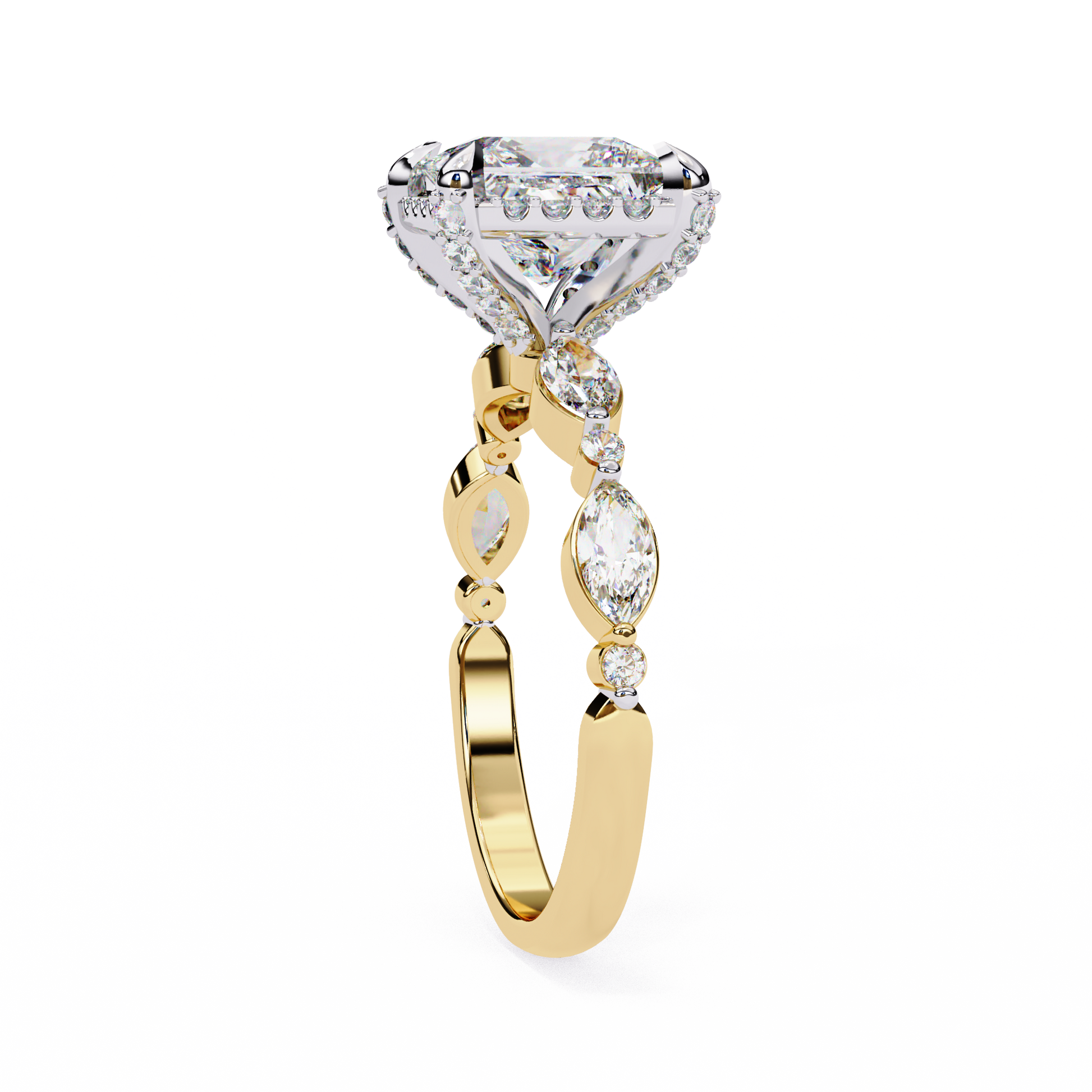 ring features a brilliant Princess-cut diamond framed by a delicate halo of round diamonds