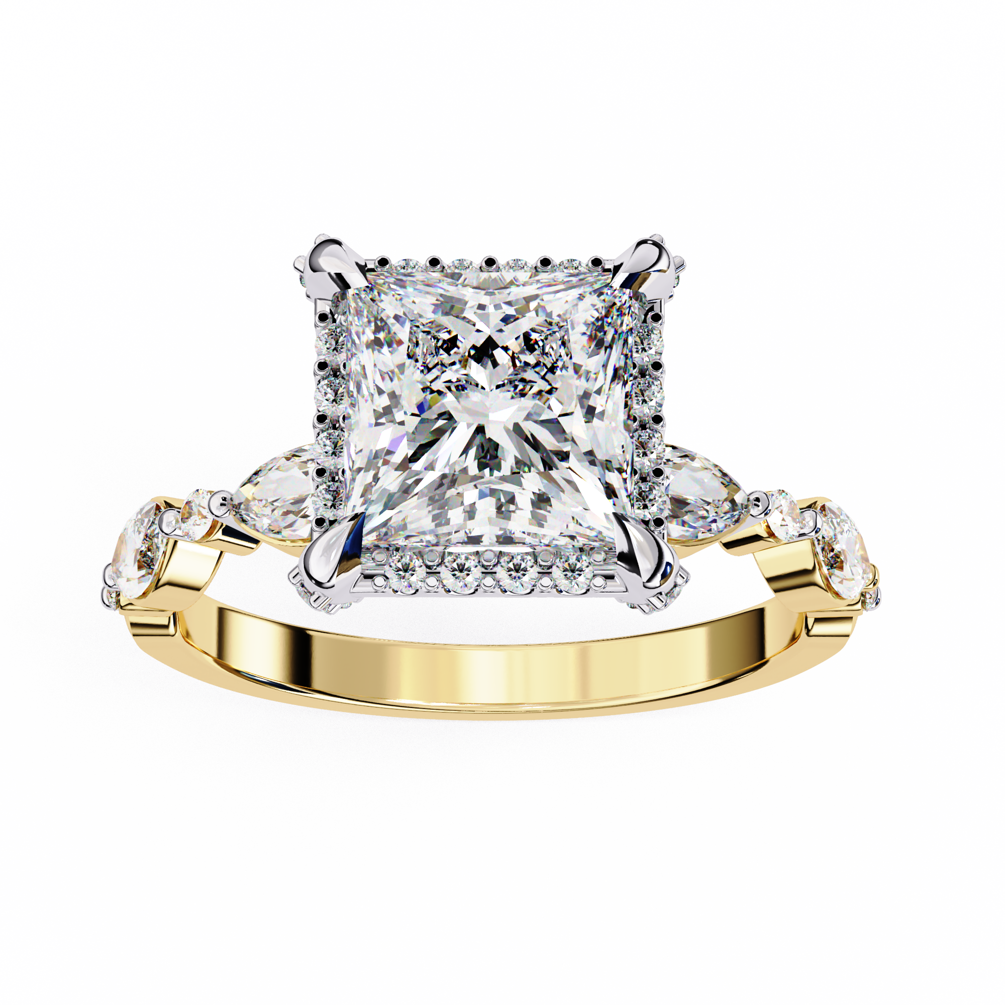 ring features a brilliant Princess-cut diamond framed by a delicate halo of round diamonds