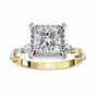 ring features a brilliant Princess-cut diamond framed by a delicate halo of round diamonds