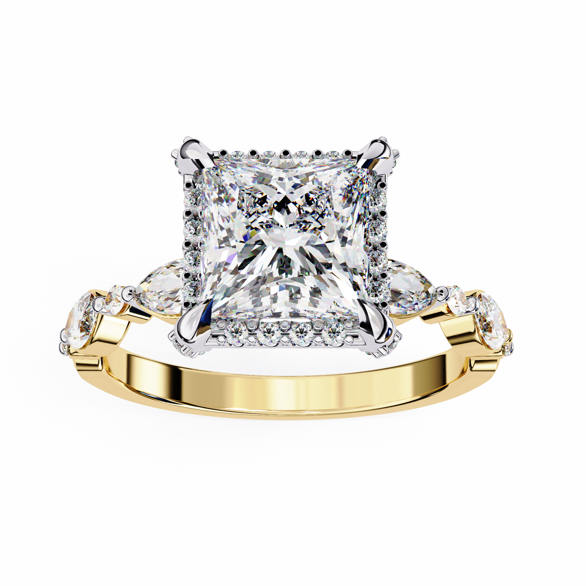 ring features a brilliant Princess-cut diamond framed by a delicate halo of round diamonds
