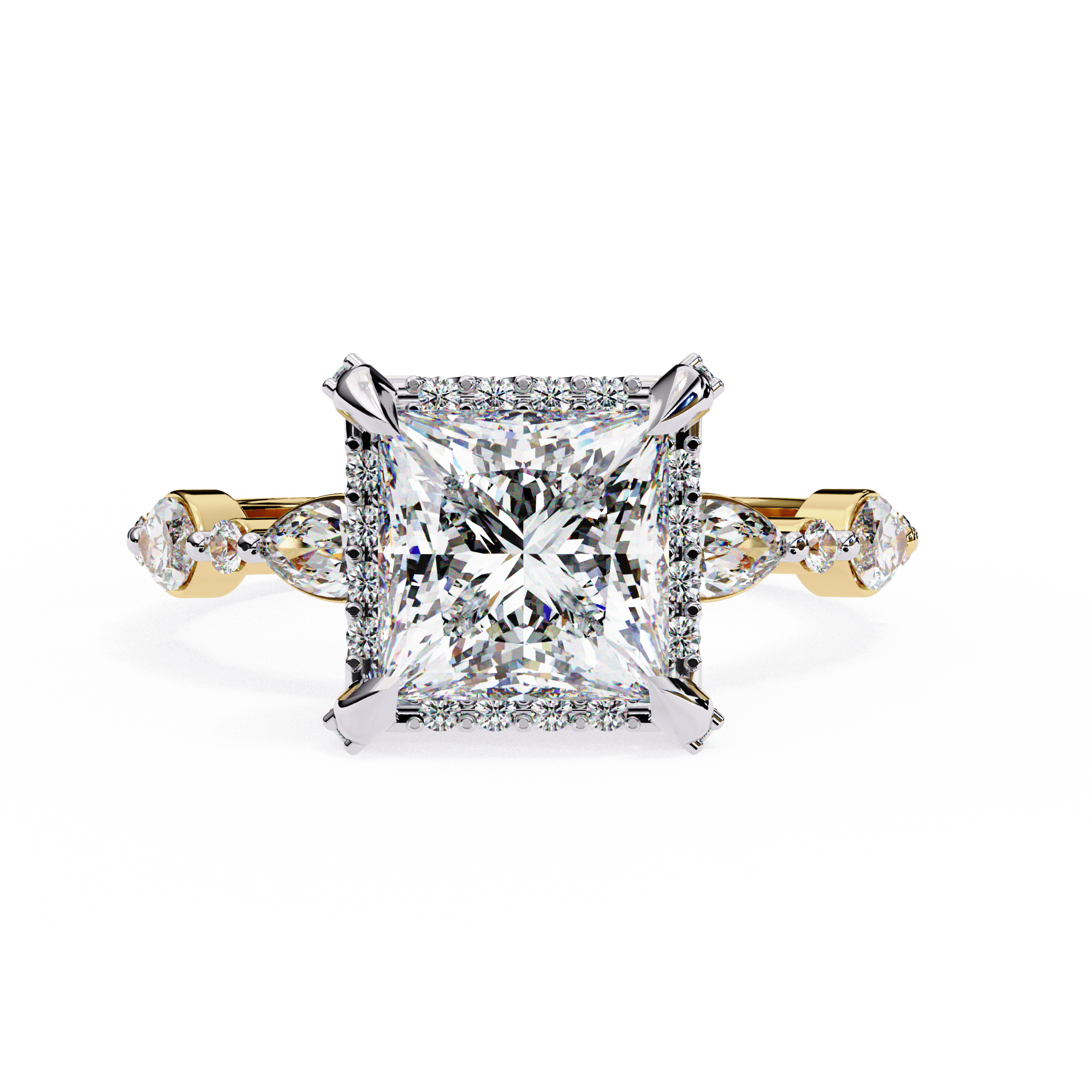 ring features a brilliant Princess-cut diamond framed by a delicate halo of round diamonds