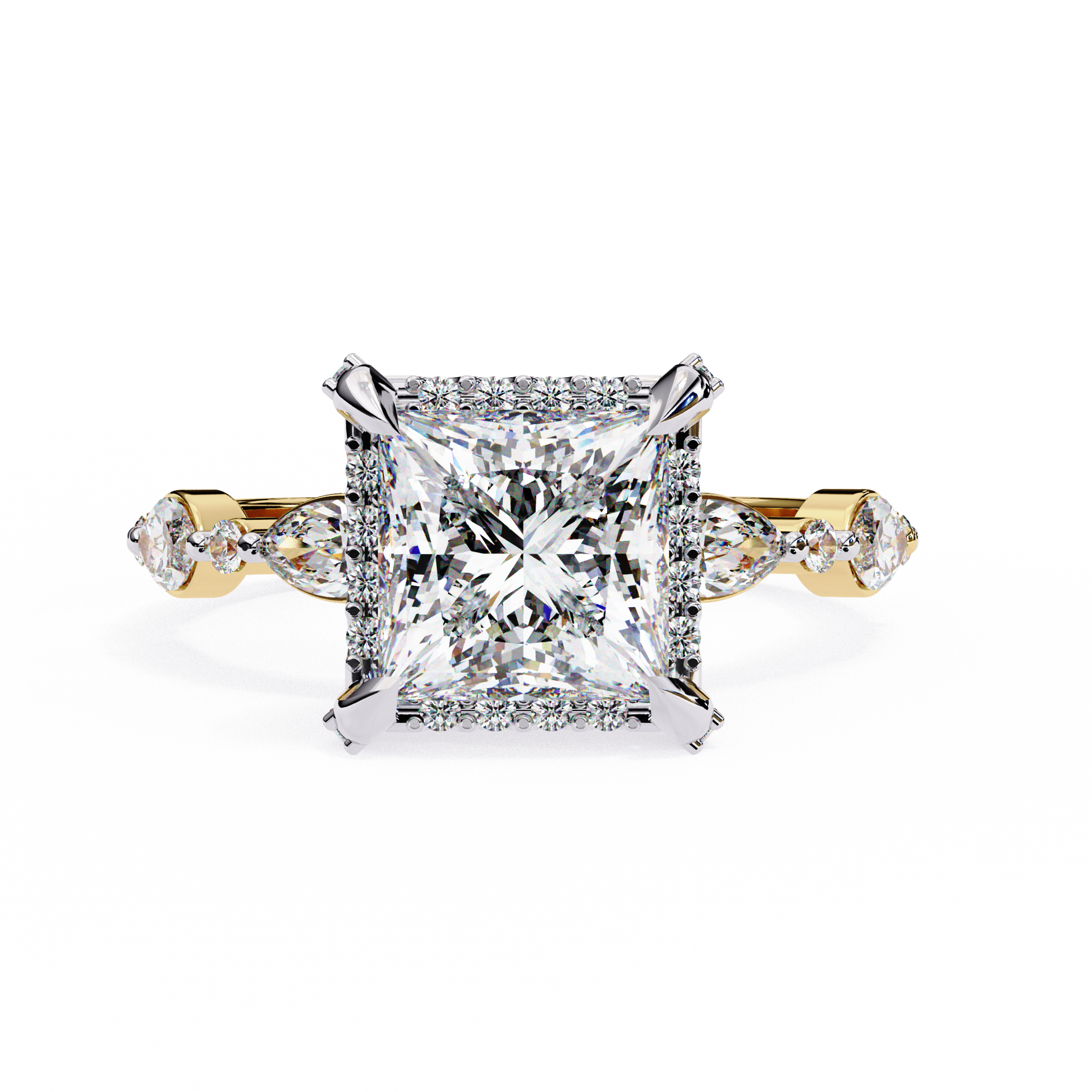 ring features a brilliant Princess-cut diamond framed by a delicate halo of round diamonds