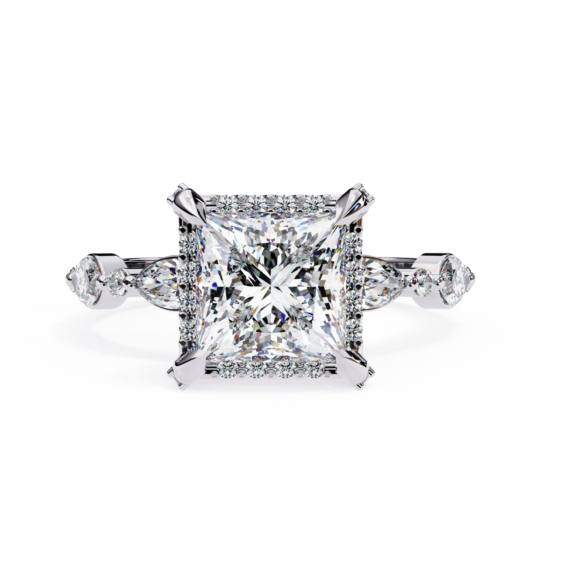 ring features a brilliant Princess-cut diamond framed by a delicate halo of round diamonds