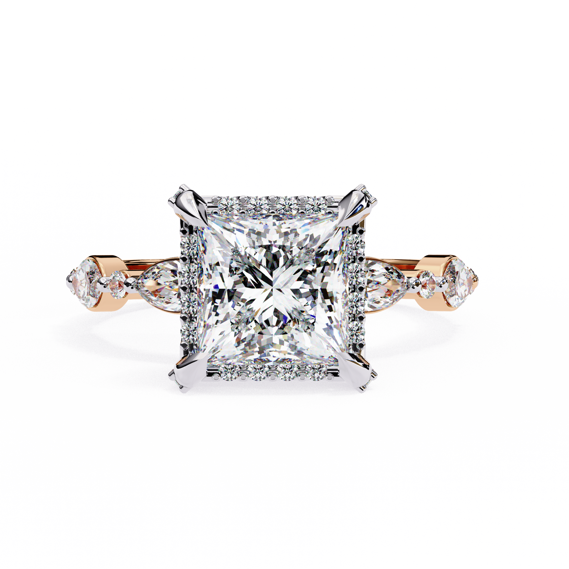 ring features a brilliant Princess-cut diamond framed by a delicate halo of round diamonds