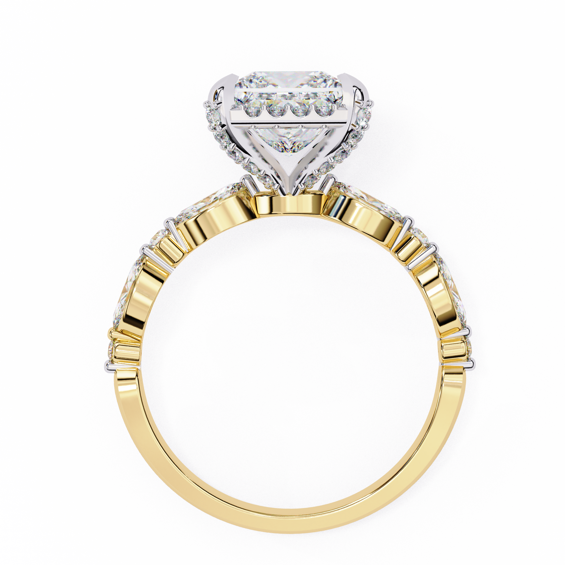 ring features a brilliant Princess-cut diamond framed by a delicate halo of round diamonds