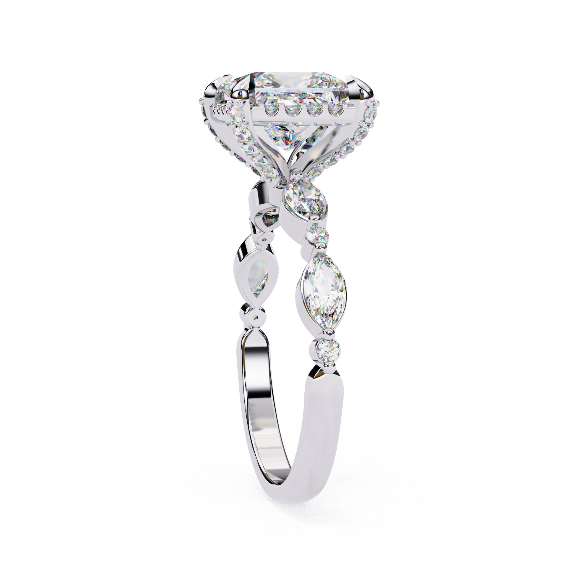 ring features a brilliant Princess-cut diamond framed by a delicate halo of round diamonds