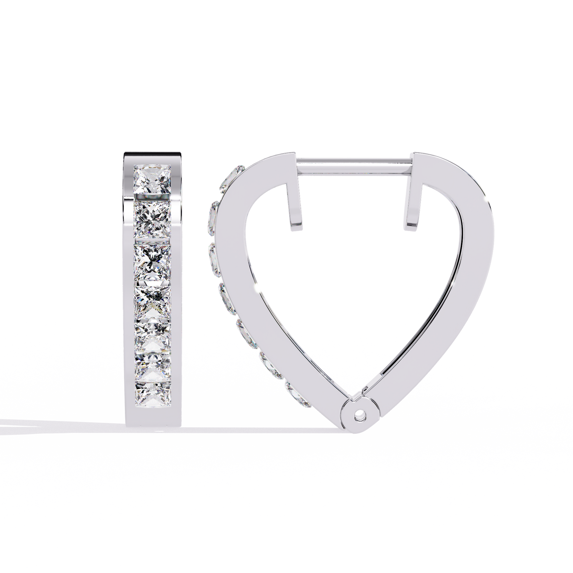 Heart-shaped hoop earring with diamonds on a white background
