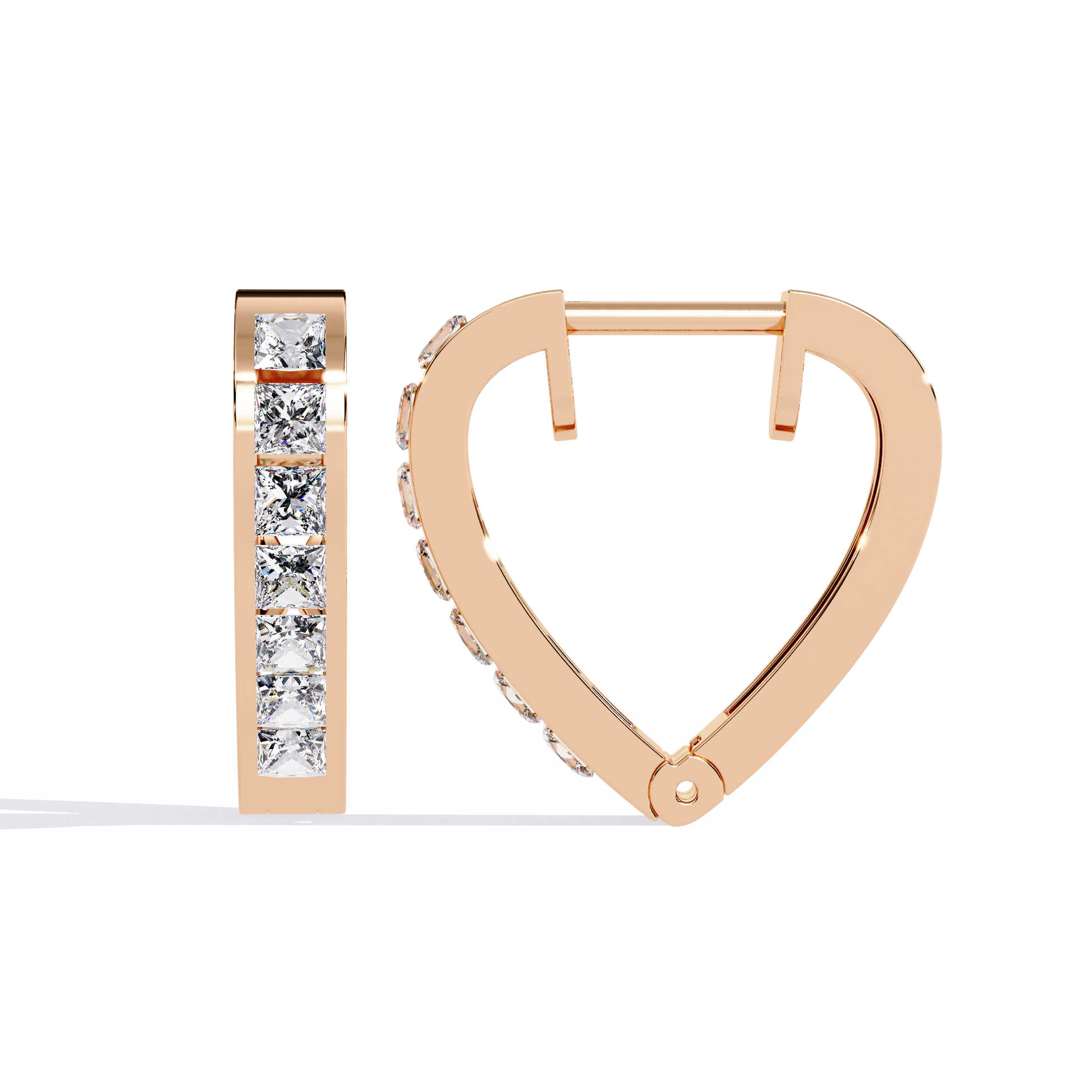 Rose gold heart-shaped hoop earrings with diamonds on a white background