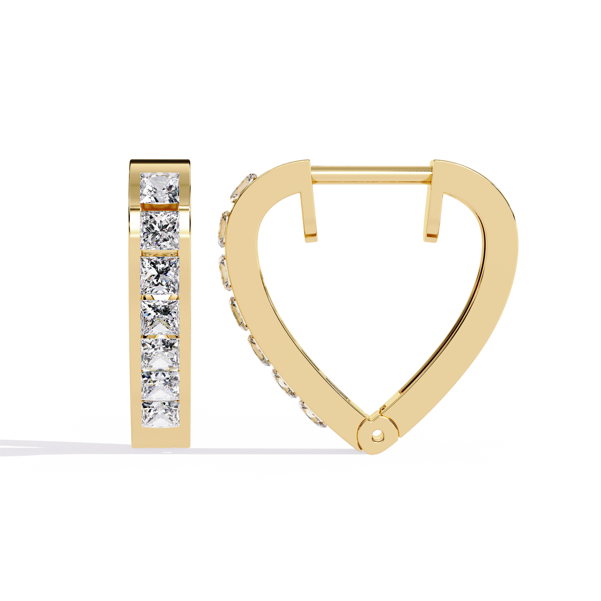 Gold heart-shaped hoop earring with diamonds on a white background