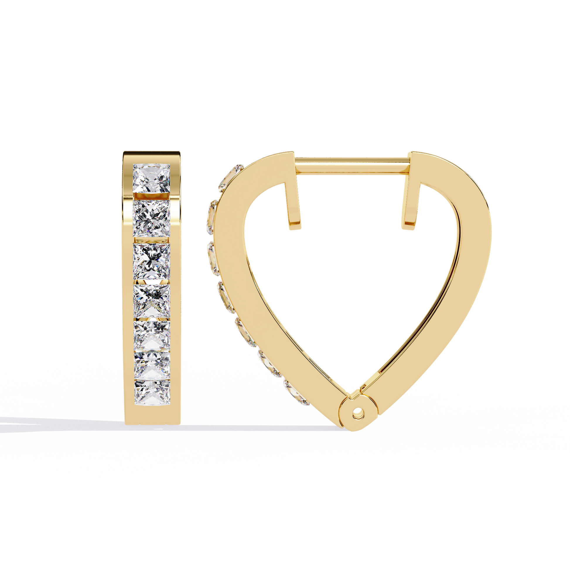 Gold heart-shaped hoop earring with diamonds on a white background