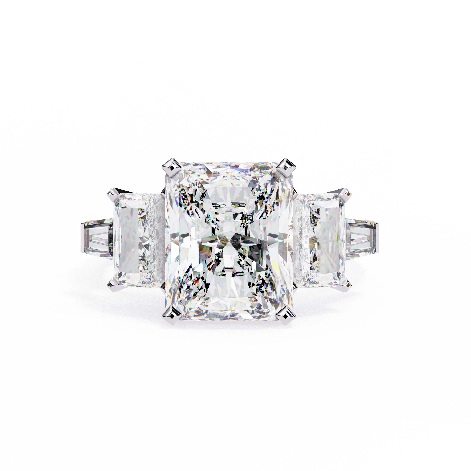 ring features a substantial Radiant-cut solitaire flanked by matching Radiant and Baguette-cut side stones