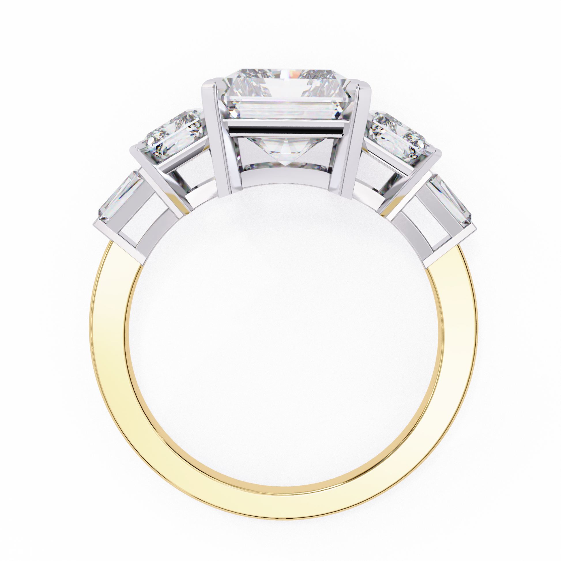 ring features a substantial Radiant-cut solitaire flanked by matching Radiant and Baguette-cut side stones
