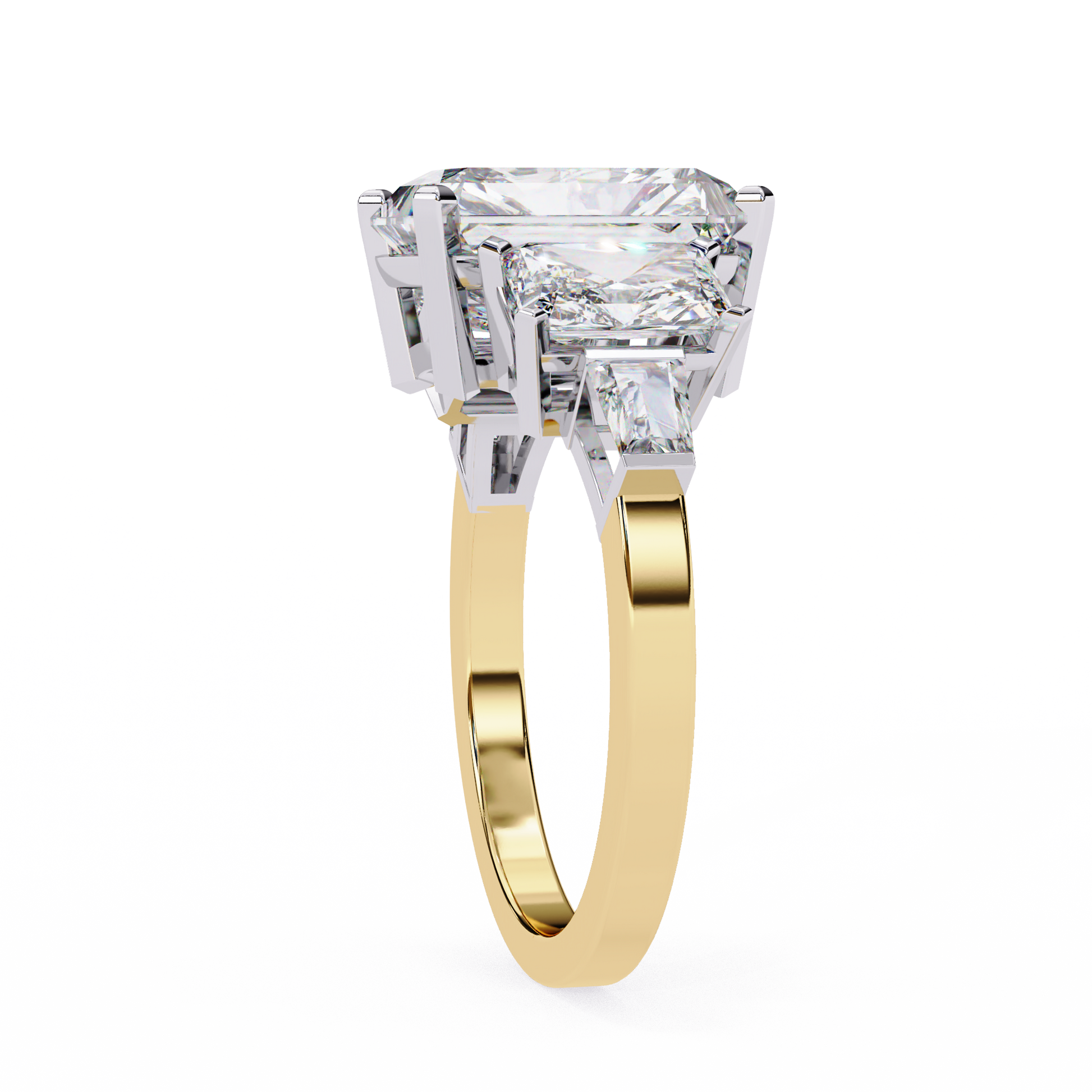 ring features a substantial Radiant-cut solitaire flanked by matching Radiant and Baguette-cut side stones