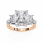 ring features a substantial Radiant-cut solitaire flanked by matching Radiant and Baguette-cut side stones