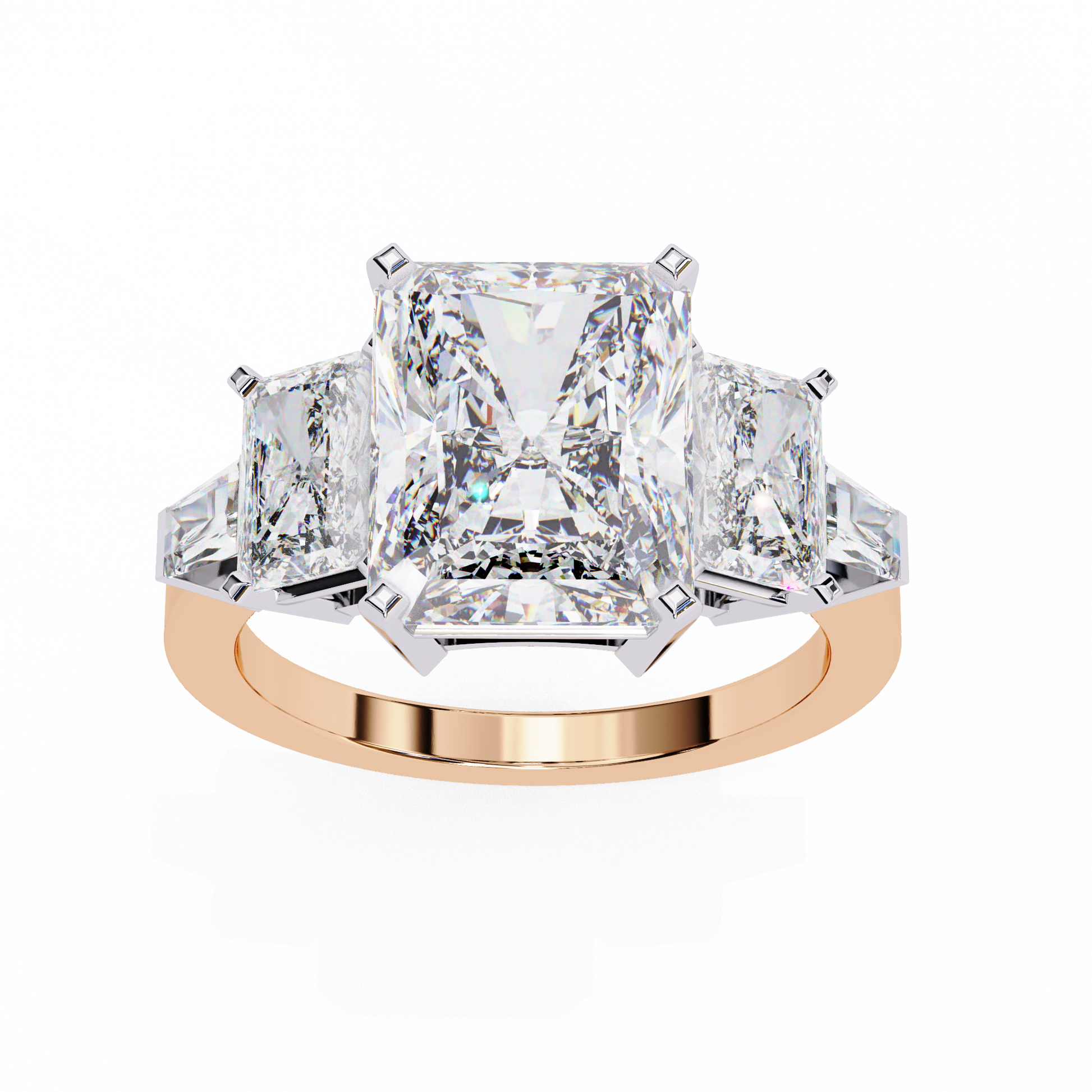 ring features a substantial Radiant-cut solitaire flanked by matching Radiant and Baguette-cut side stones