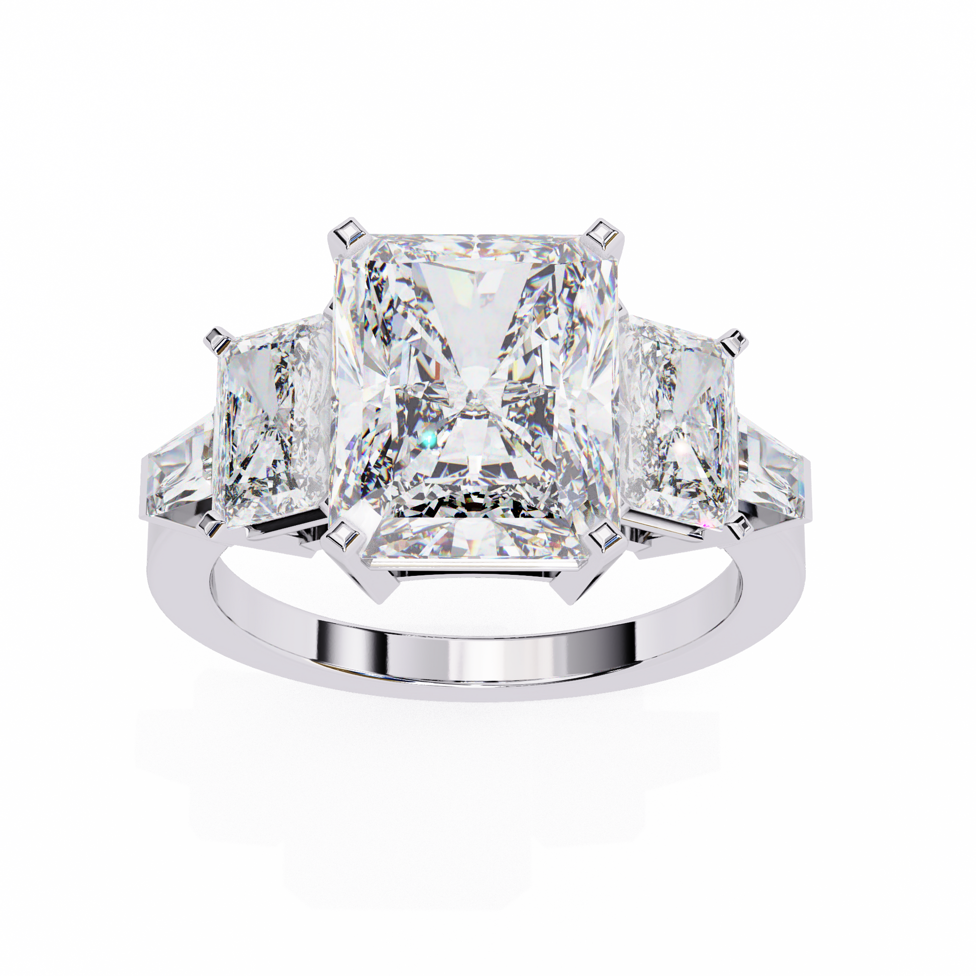 ring features a substantial Radiant-cut solitaire flanked by matching Radiant and Baguette-cut side stones