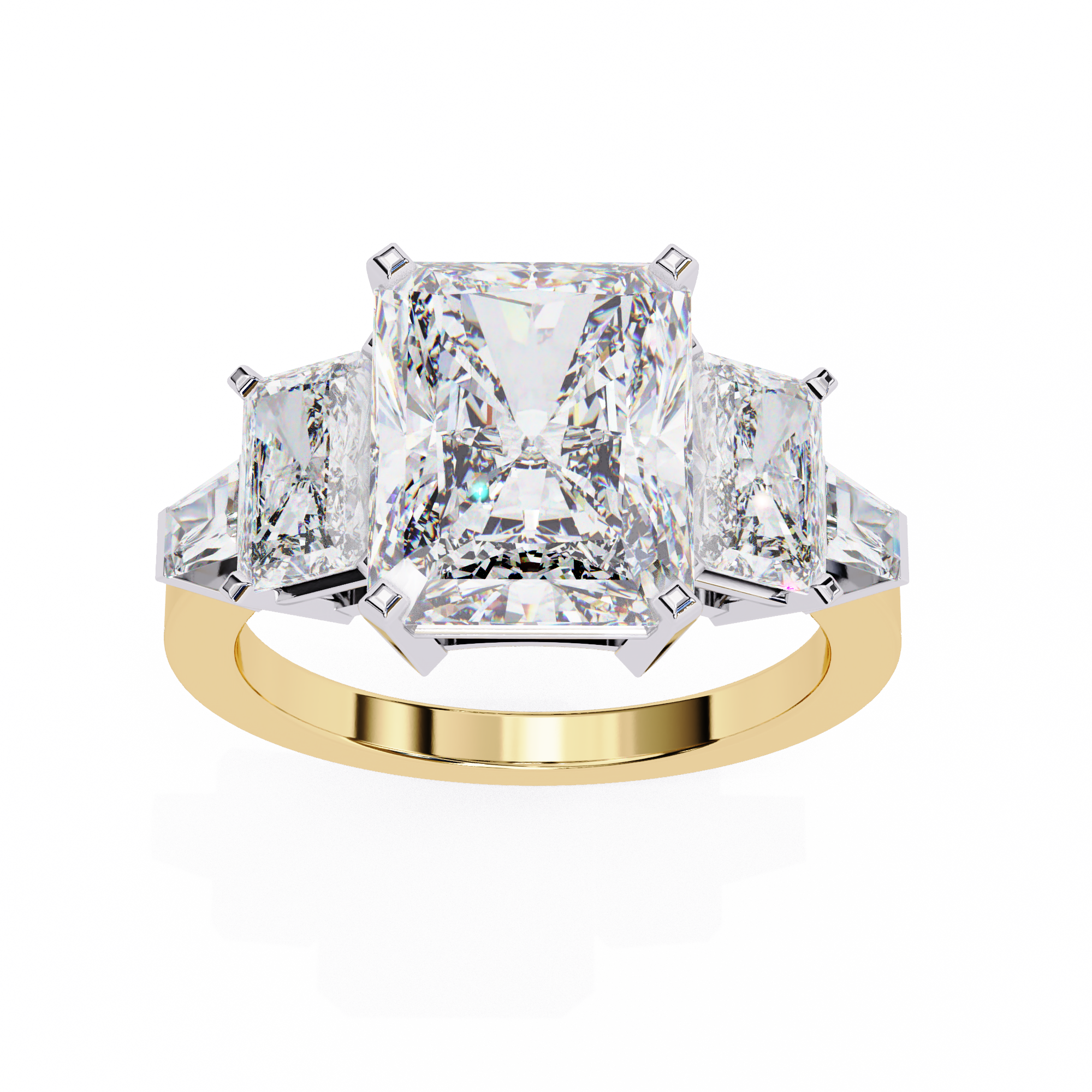 ring features a substantial Radiant-cut solitaire flanked by matching Radiant and Baguette-cut side stones