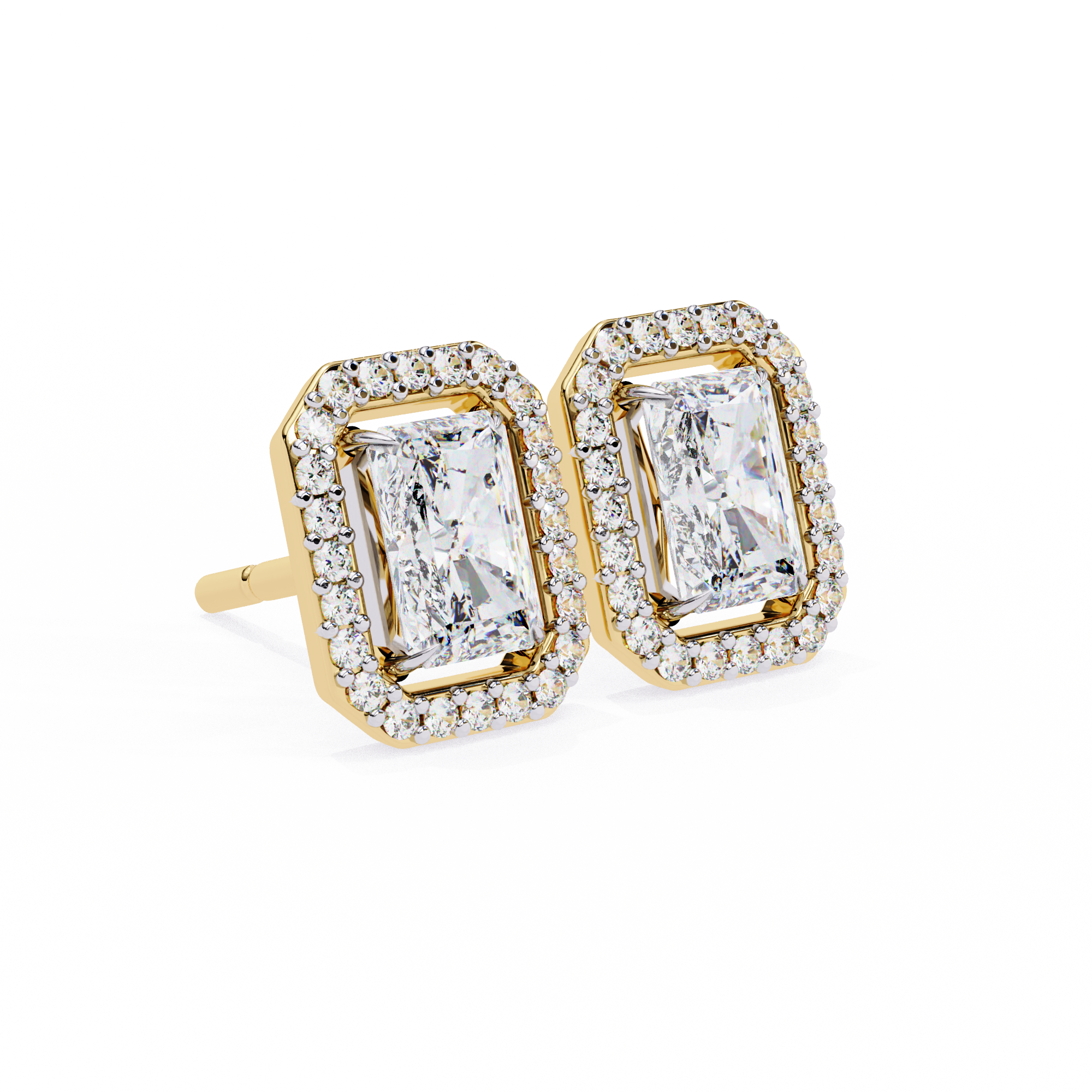 Pair of diamond earrings with gold accents on a white background