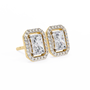 Pair of diamond earrings with gold accents on a white background