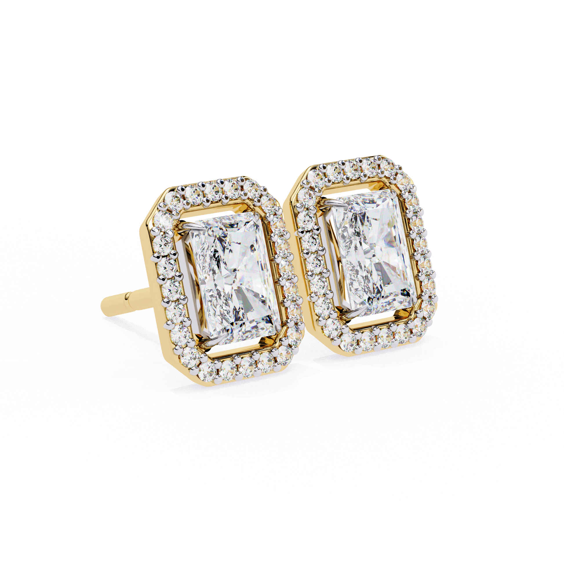 Pair of diamond earrings with gold accents on a white background