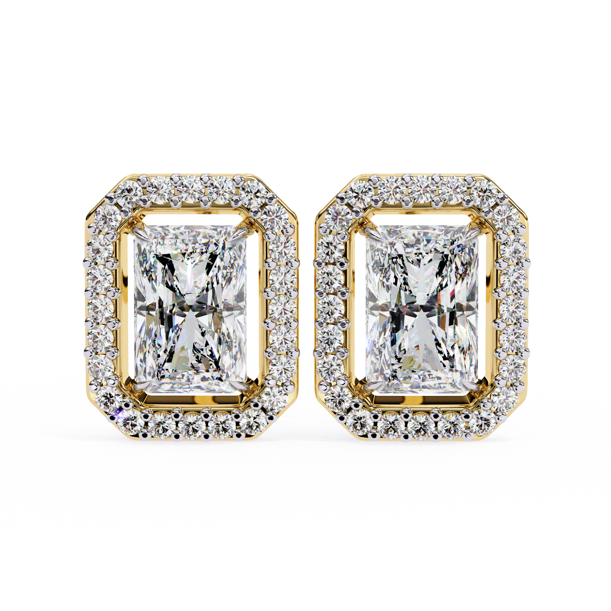 Pair of diamond earrings with gold frames on a white background