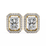 Pair of diamond earrings with gold frames on a white background