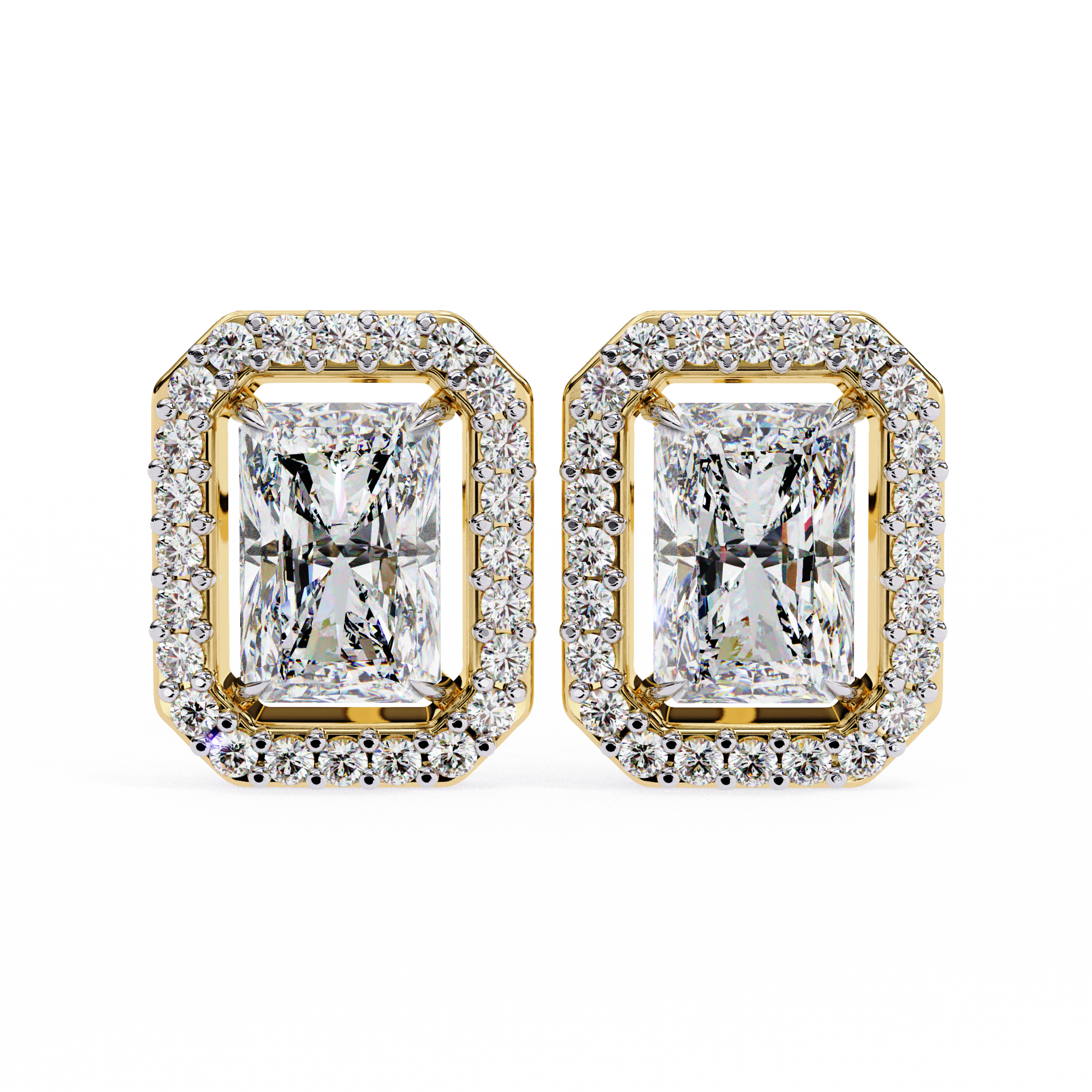 Pair of diamond earrings with gold frames on a white background