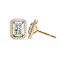 Gold earrings with diamond accents on a white background