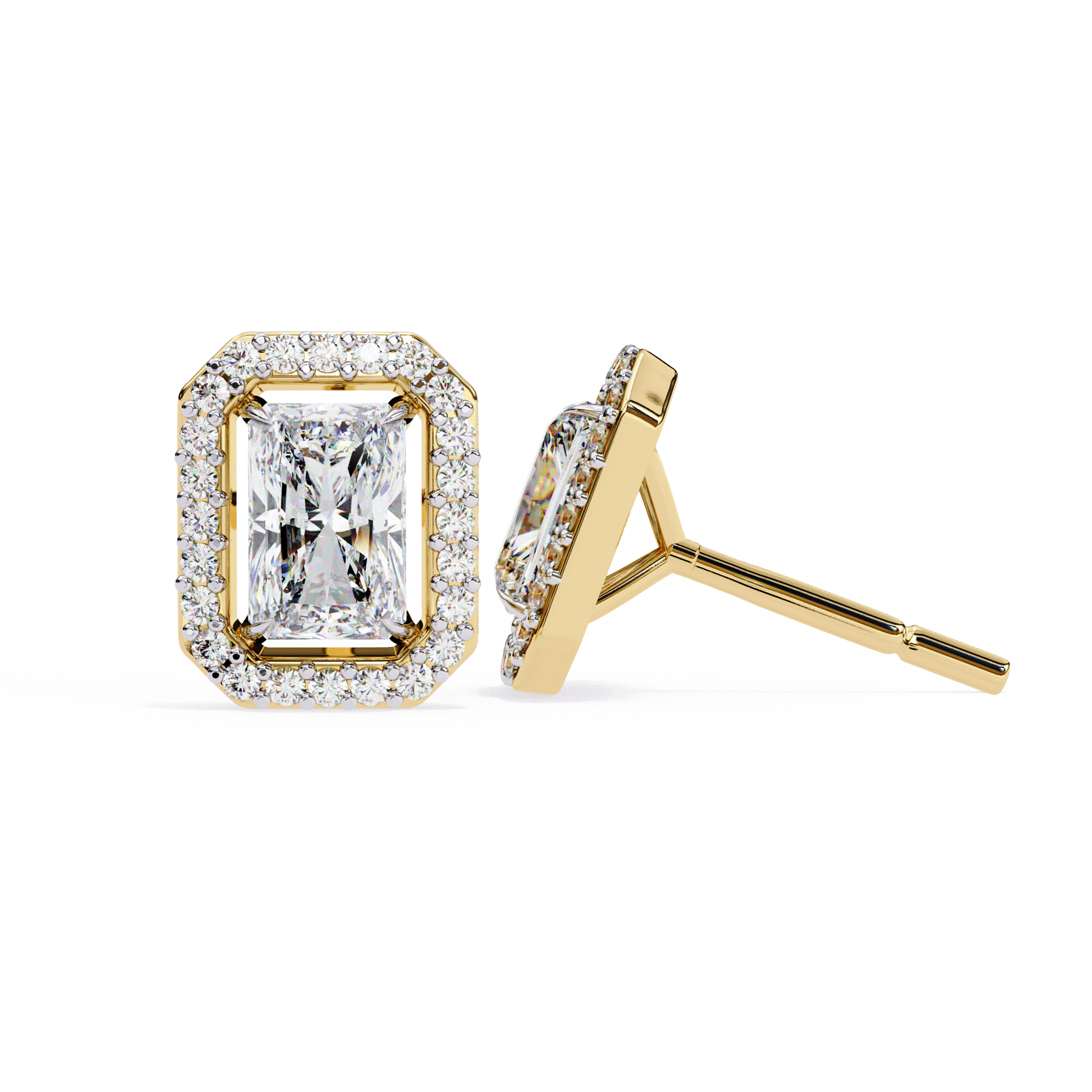 Gold earrings with diamond accents on a white background