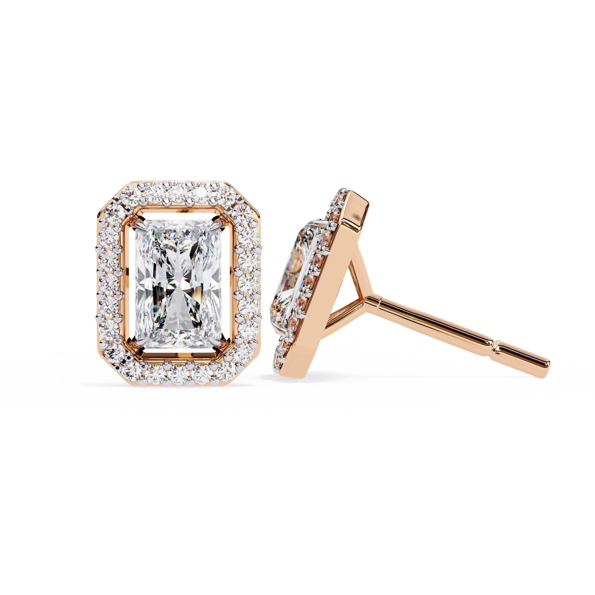 Rose gold diamond earrings on a white background