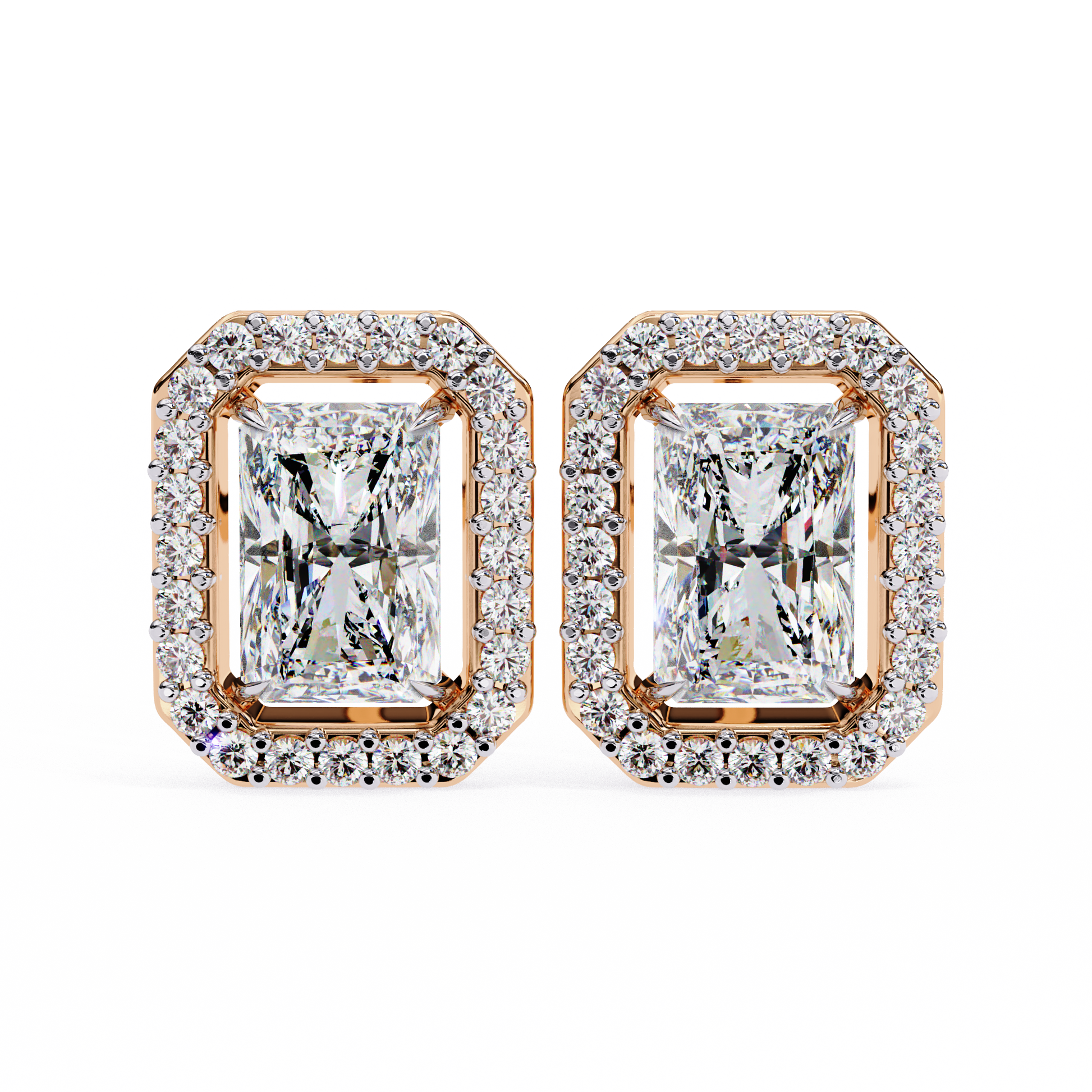 Pair of diamond earrings with rose gold frames on a white background