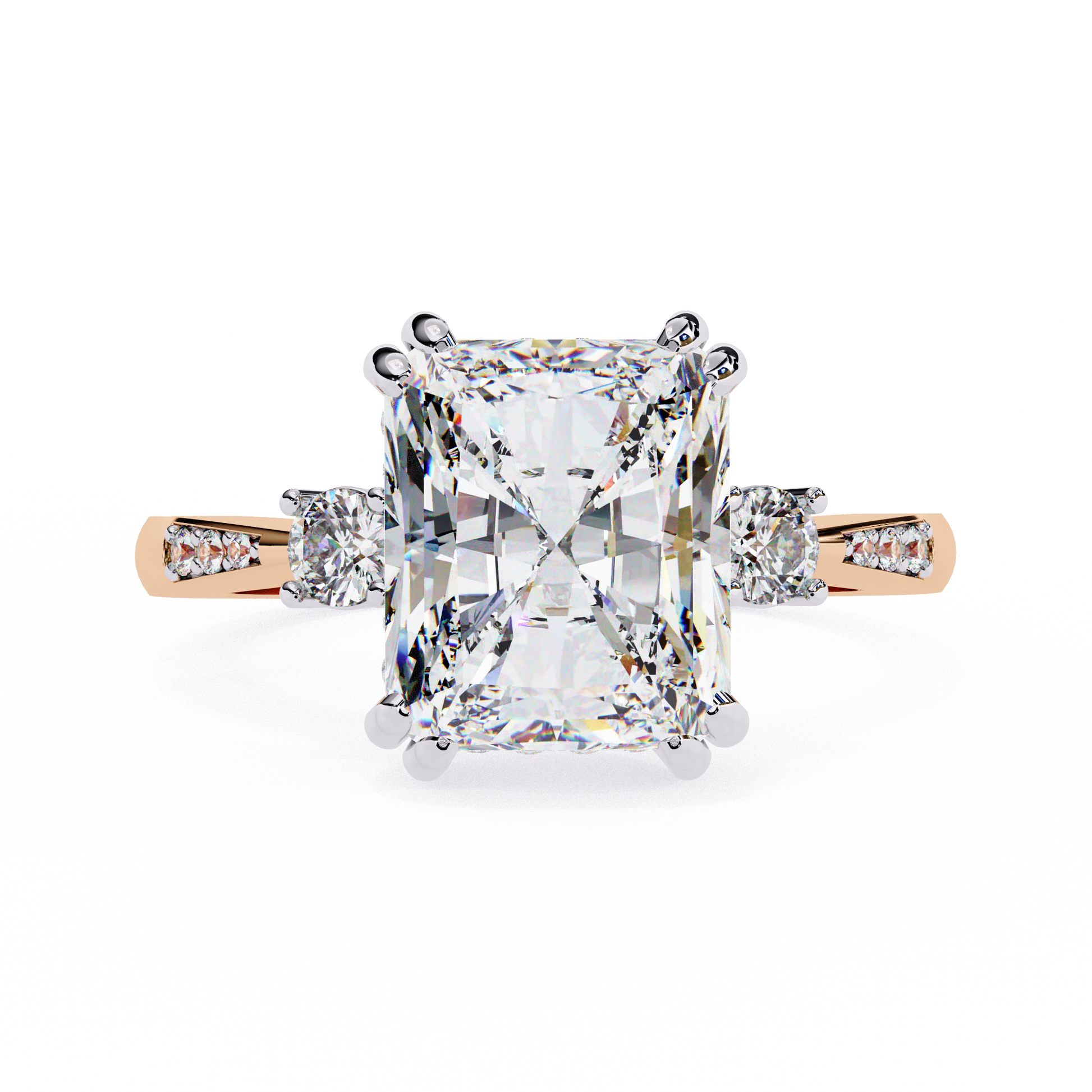 ring features a commanding Radiant-cut solitaire flanked by two brilliant Round diamonds