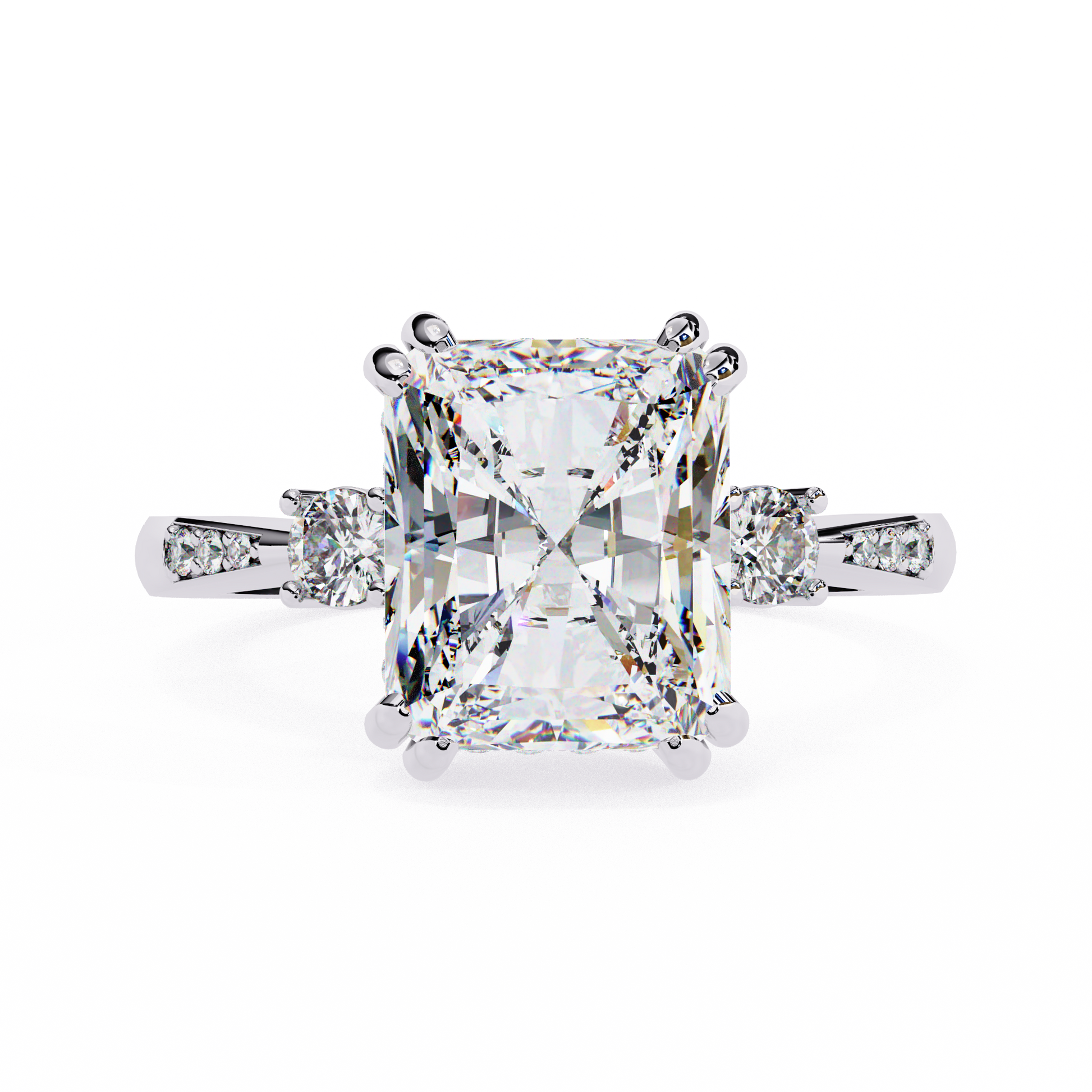 ring features a commanding Radiant-cut solitaire flanked by two brilliant Round diamonds