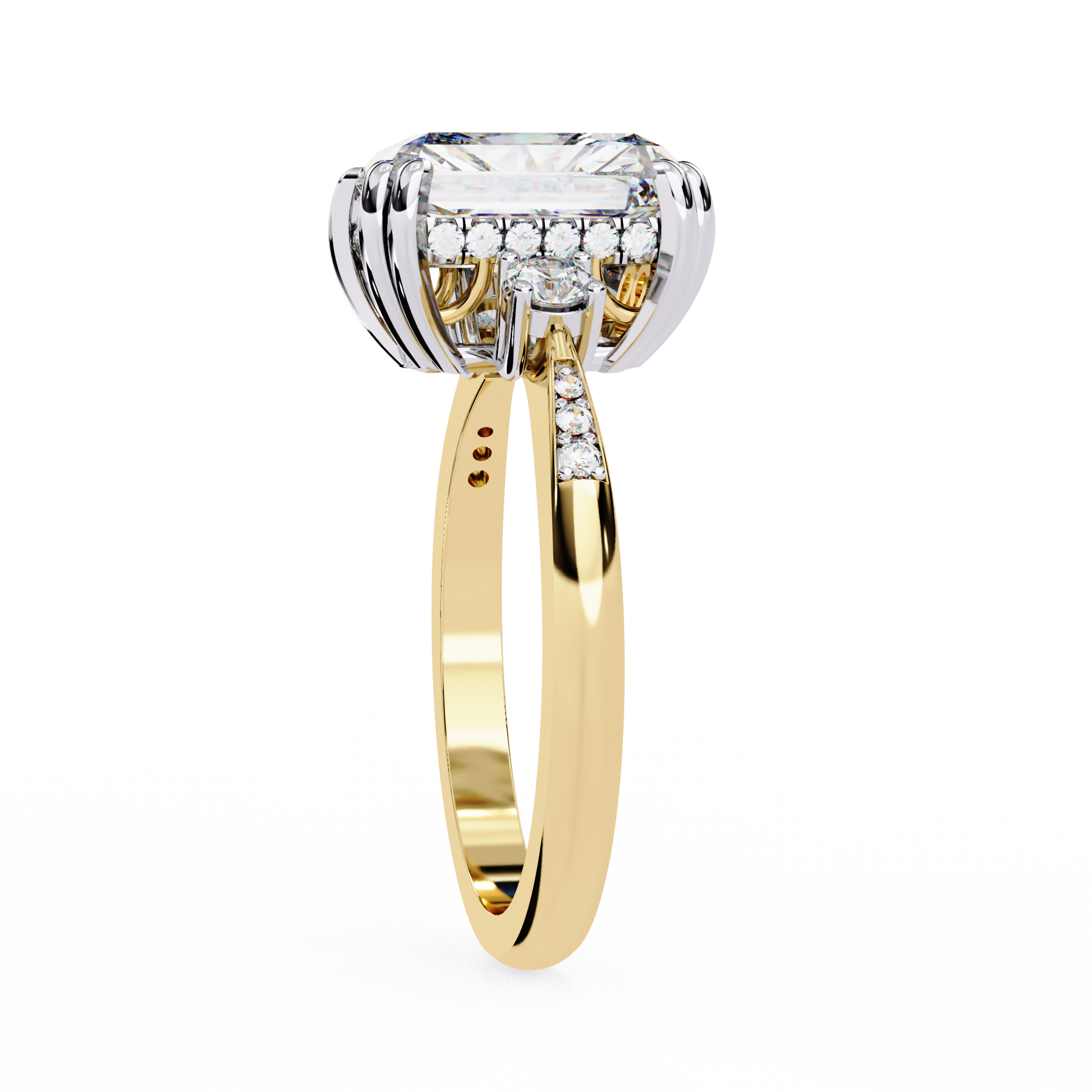 ring features a commanding Radiant-cut solitaire flanked by two brilliant Round diamonds