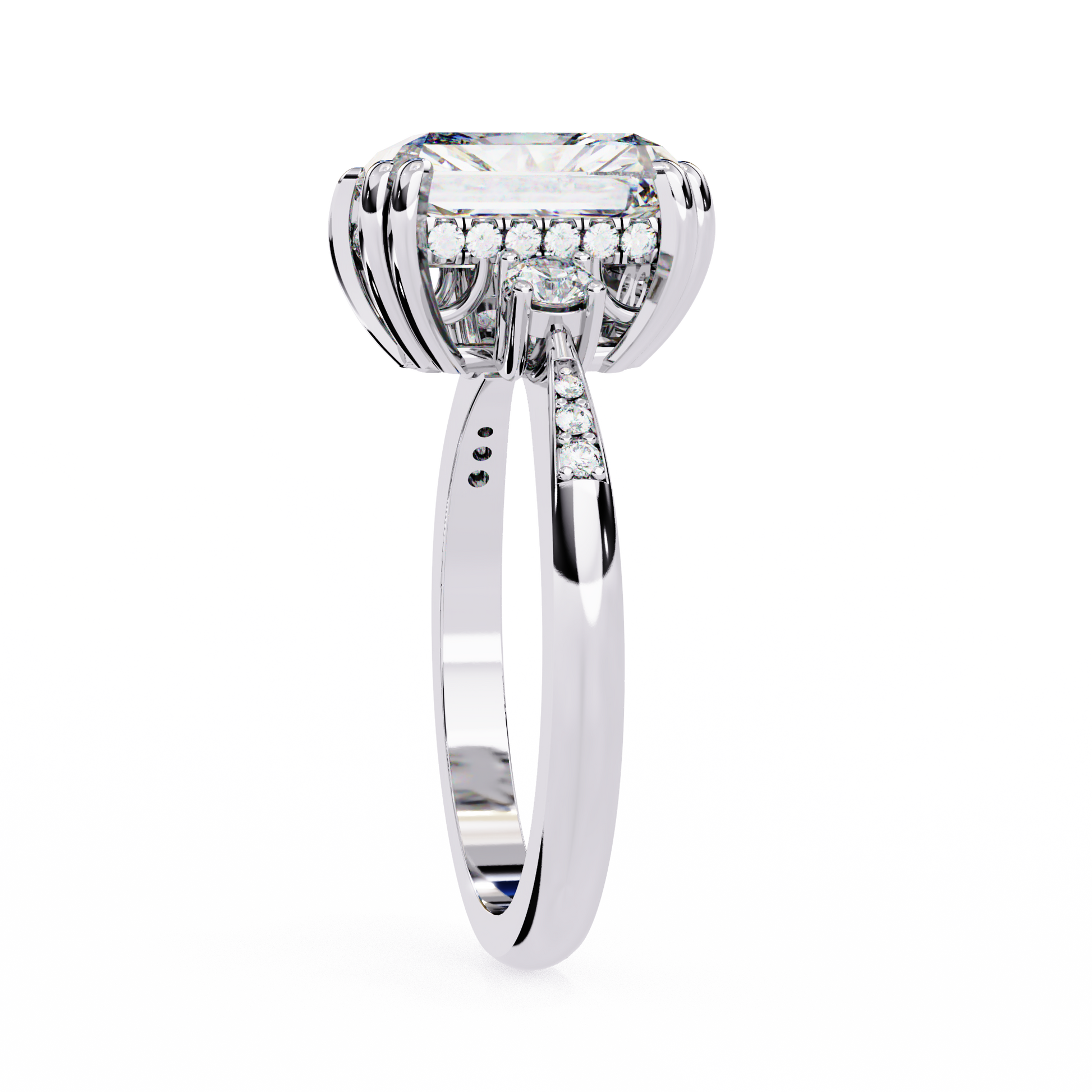 ring features a commanding Radiant-cut solitaire flanked by two brilliant Round diamonds