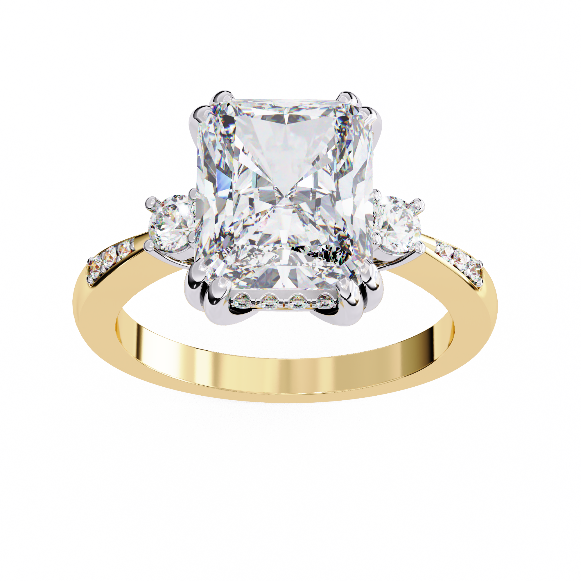 ring features a commanding Radiant-cut solitaire flanked by two brilliant Round diamonds