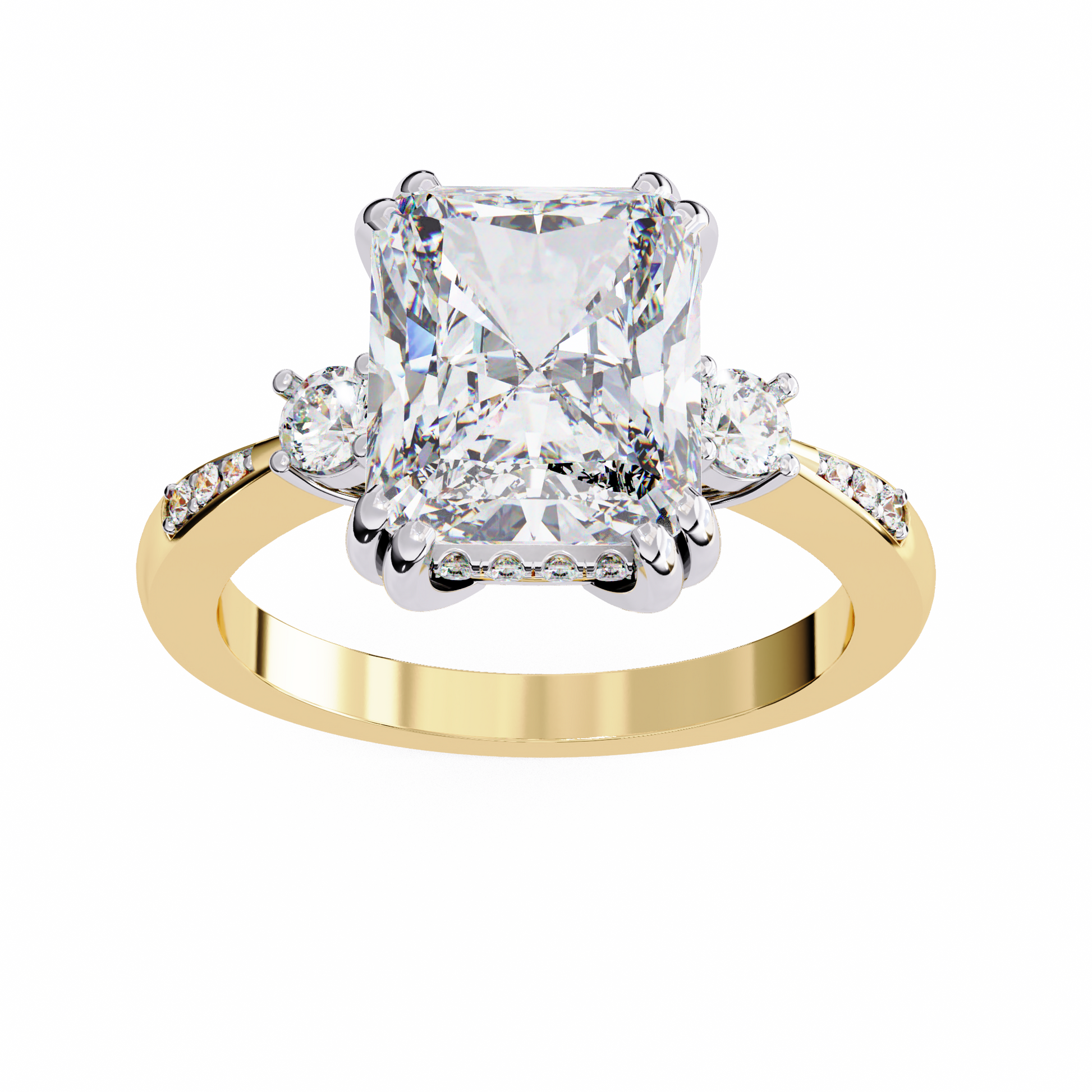 ring features a commanding Radiant-cut solitaire flanked by two brilliant Round diamonds