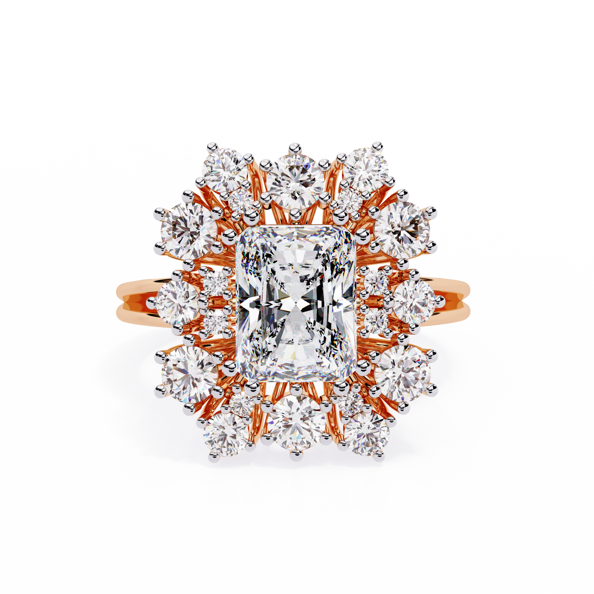 ring showcases a brilliant Radiant-cut diamond framed by an exquisite floral-inspired cluster halo