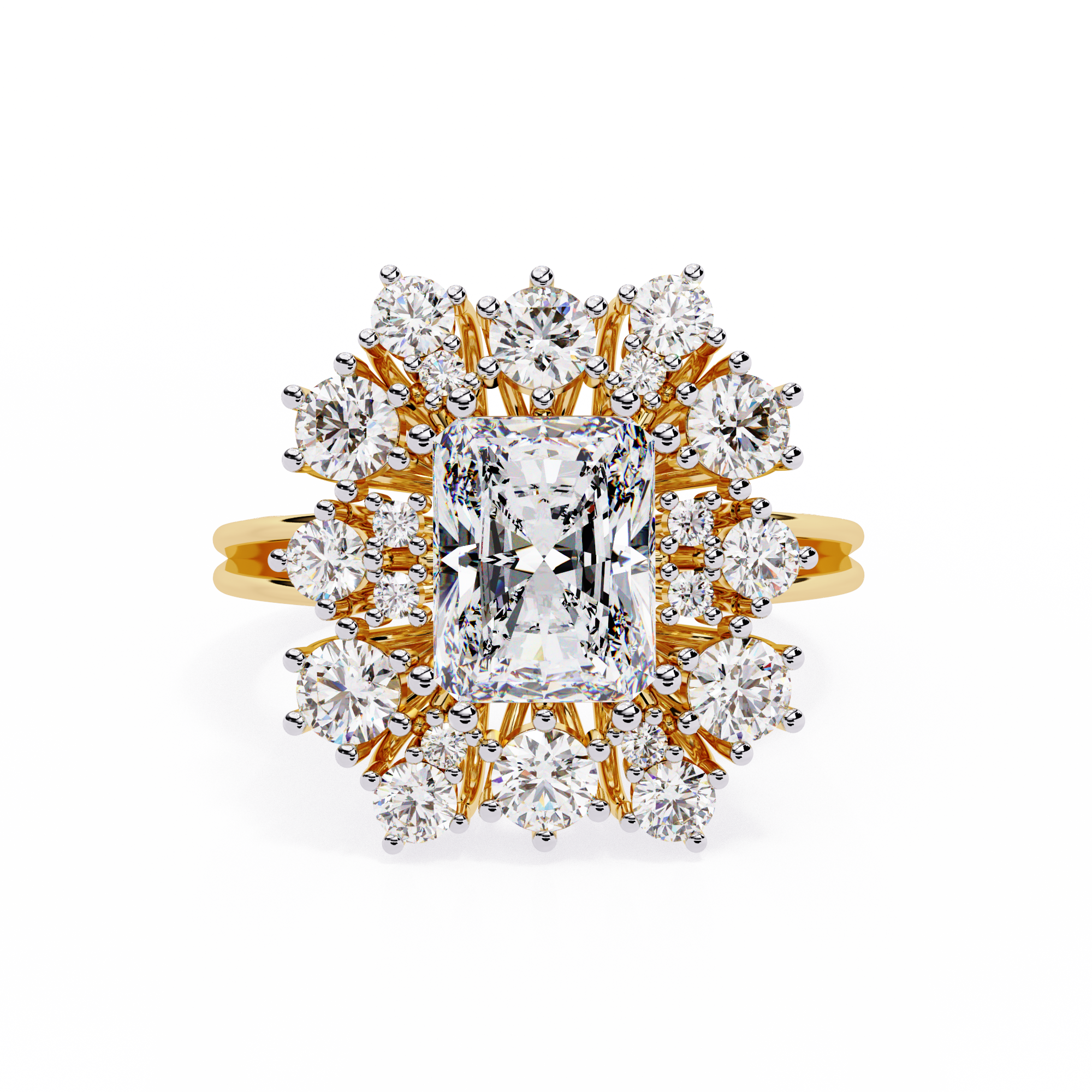 ring showcases a brilliant Radiant-cut diamond framed by an exquisite floral-inspired cluster halo