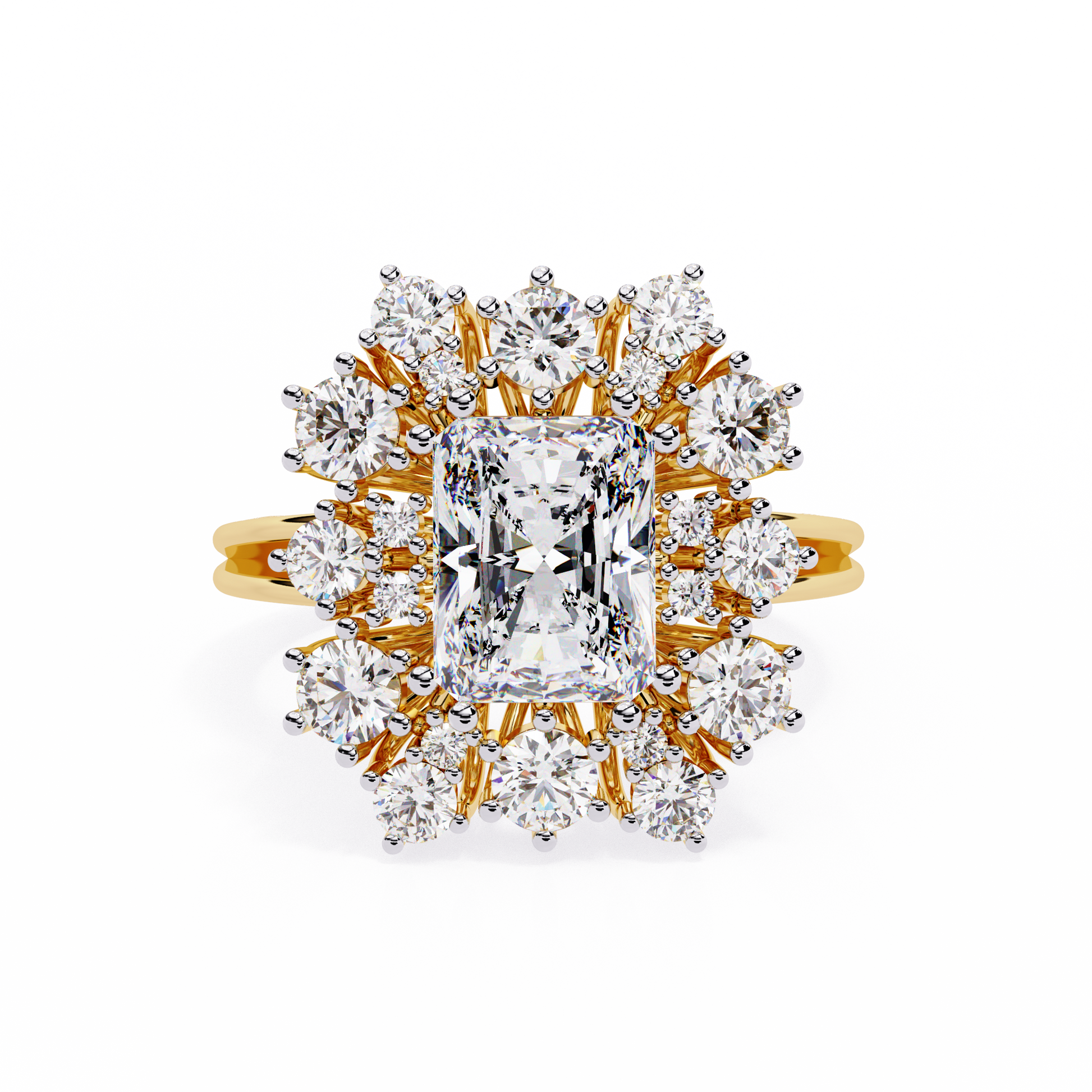 ring showcases a brilliant Radiant-cut diamond framed by an exquisite floral-inspired cluster halo